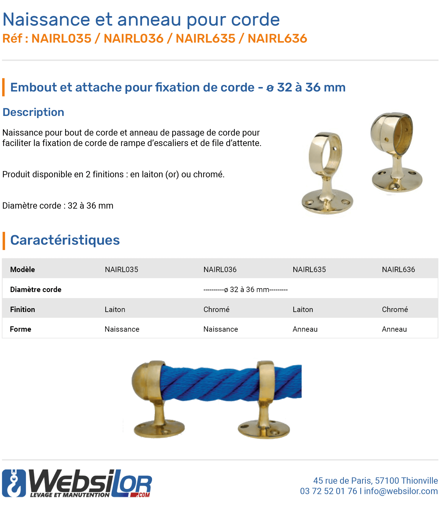 Informations techniques Anneau pour corde diamètre 32 à 36 mm