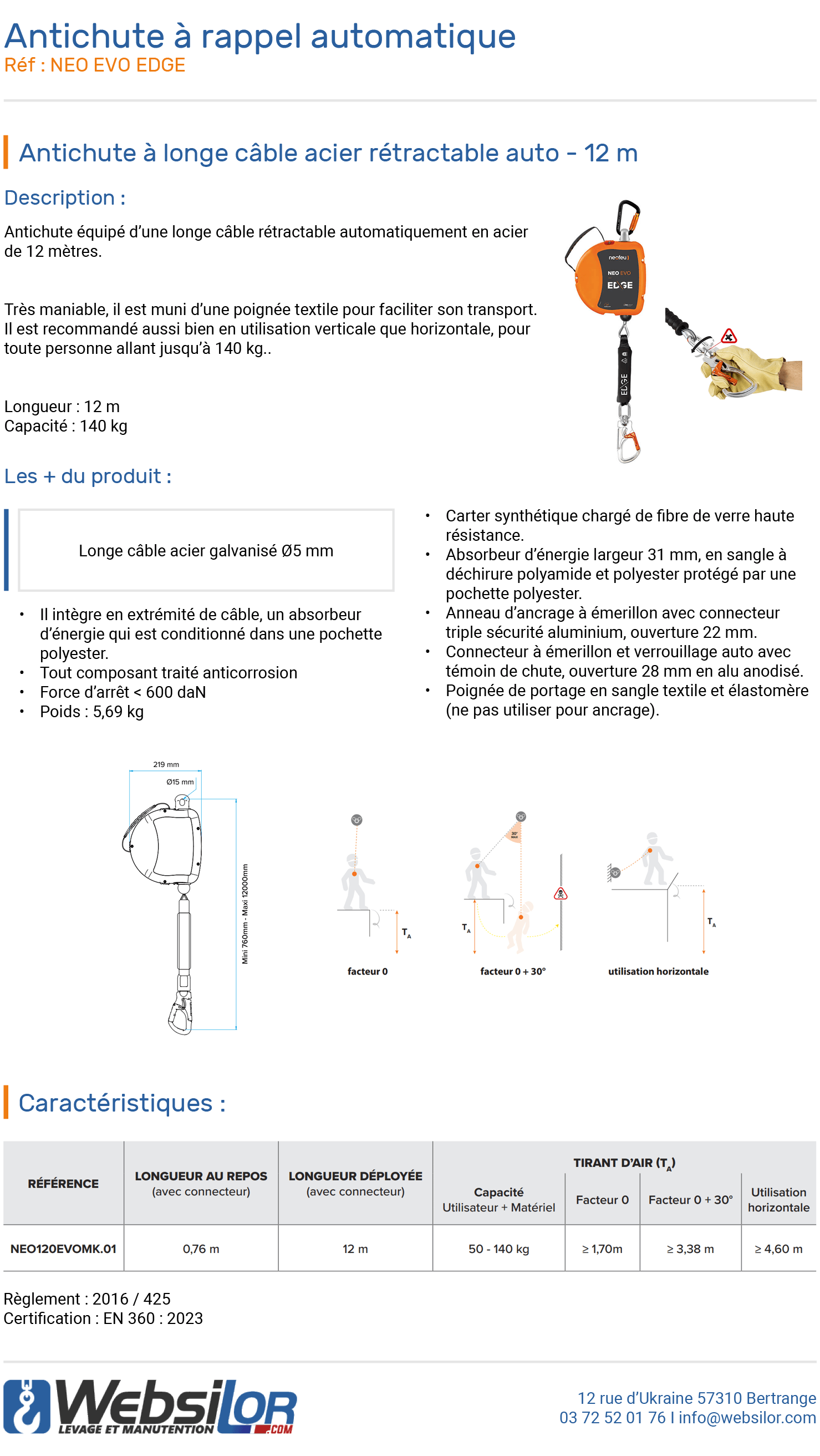 Informations technique de Antichute &agrave; rappel automatique &agrave; c&acirc;ble 12 m