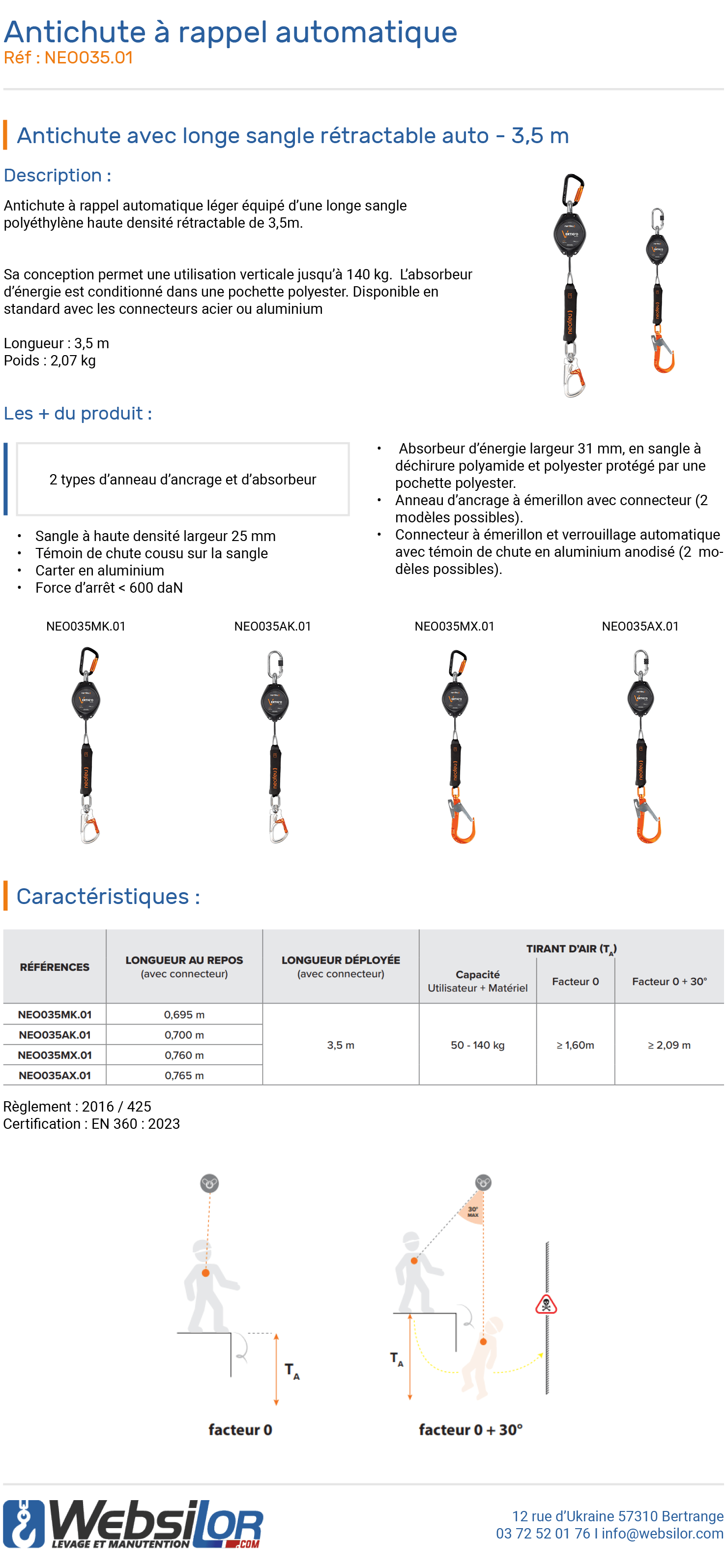 Informations technique de Antichute à rappel automatique à sangle 3,5 m