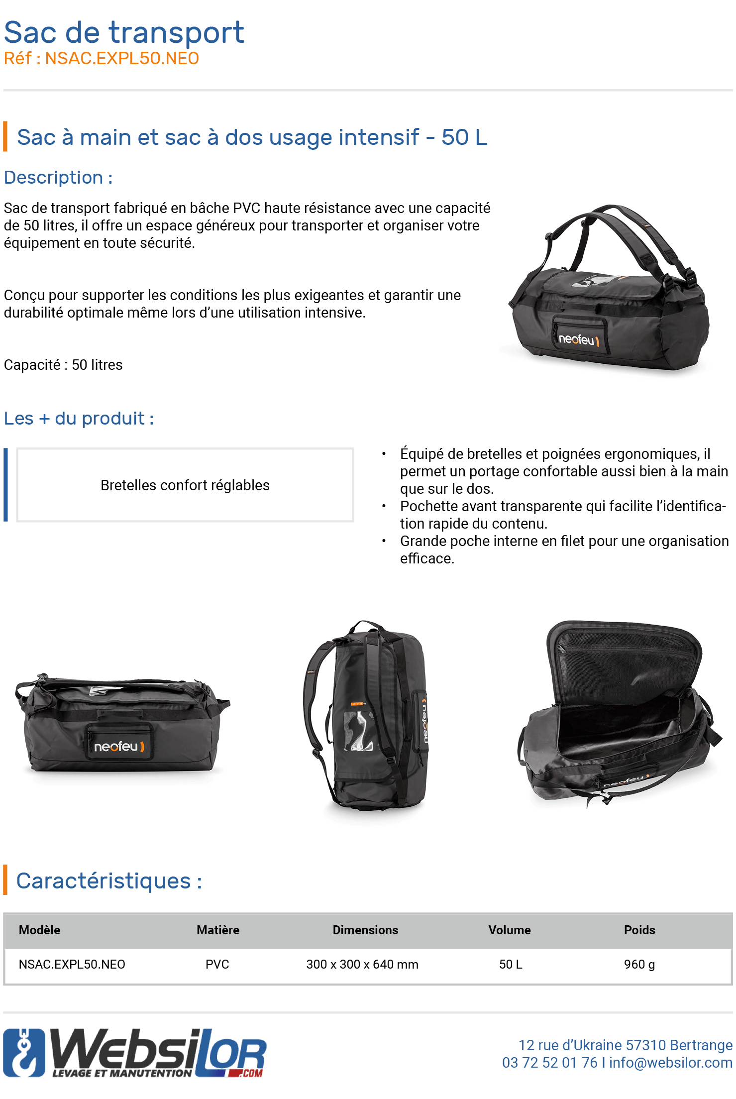 Informations technique de Sac de transport usage intensif - 50 L