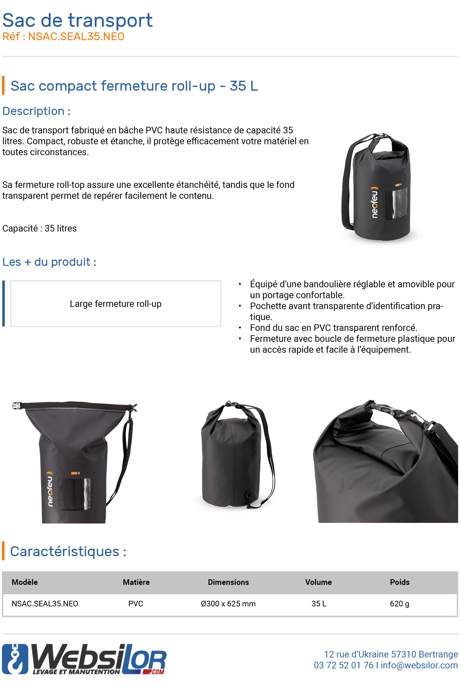 Informations technique de Sac de transport fermeture roll-up - 35 L