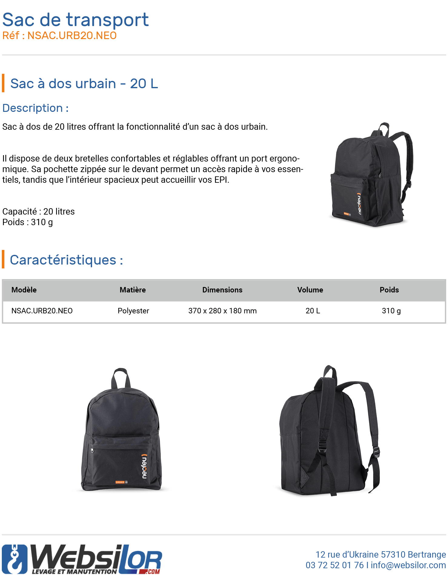 Informations technique de Sac à dos de transport - 20 L