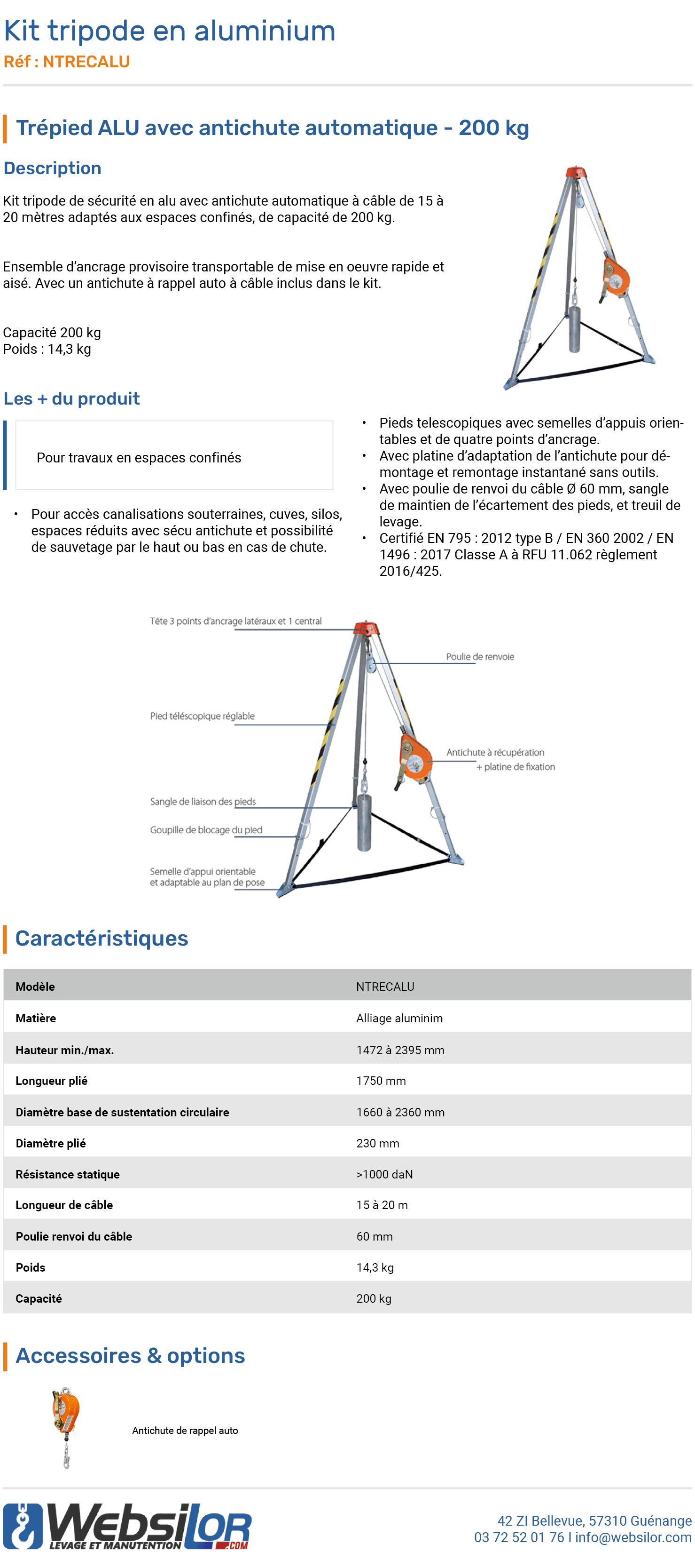Informations technique de Kit tripode de sécurité avec antichute auto à câble de 15 m