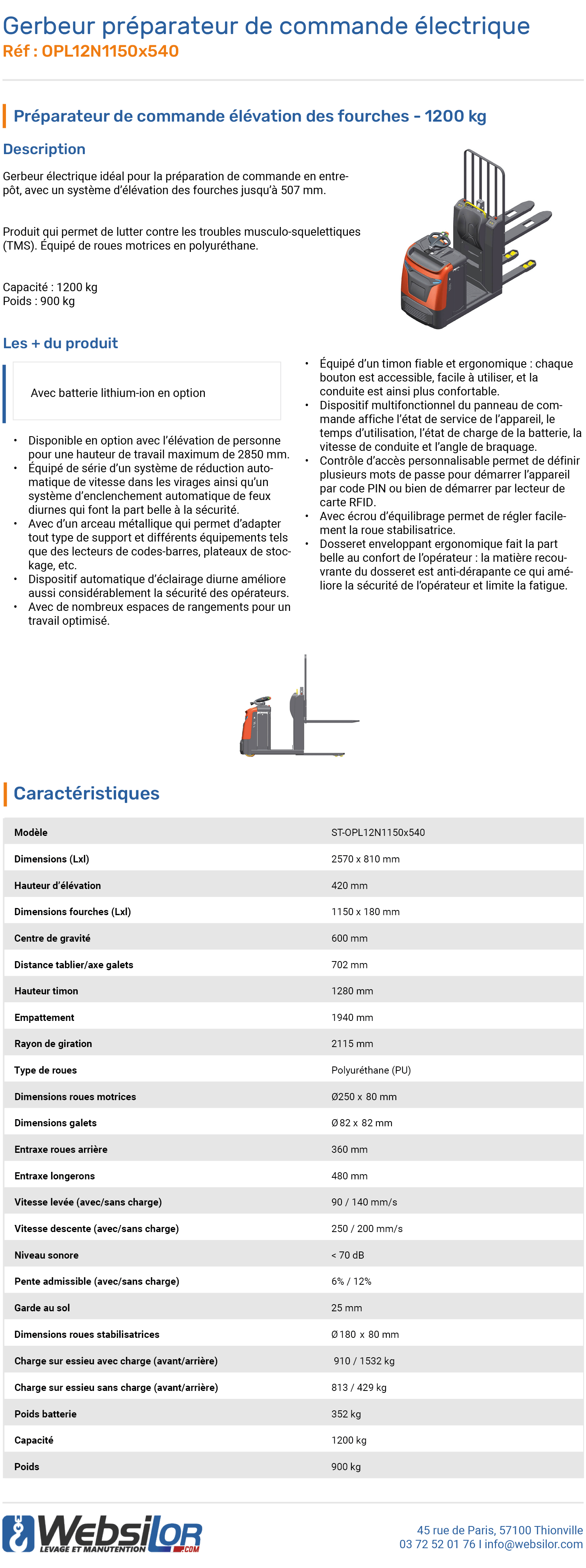 Informations techniques Gerbeur préparateur de commande électrique 1200 kg