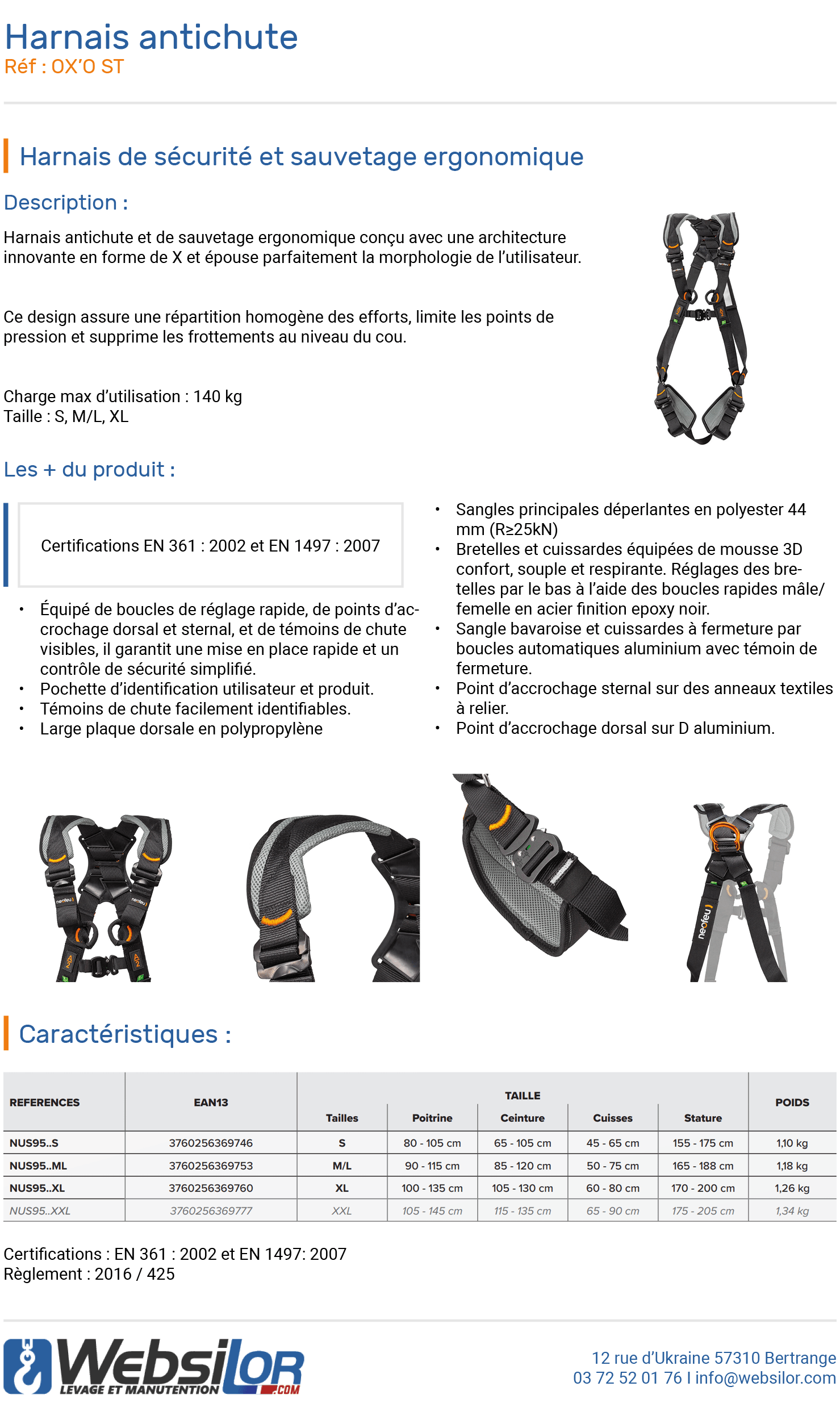 Informations techniques Harnais antichute ergonomique en X