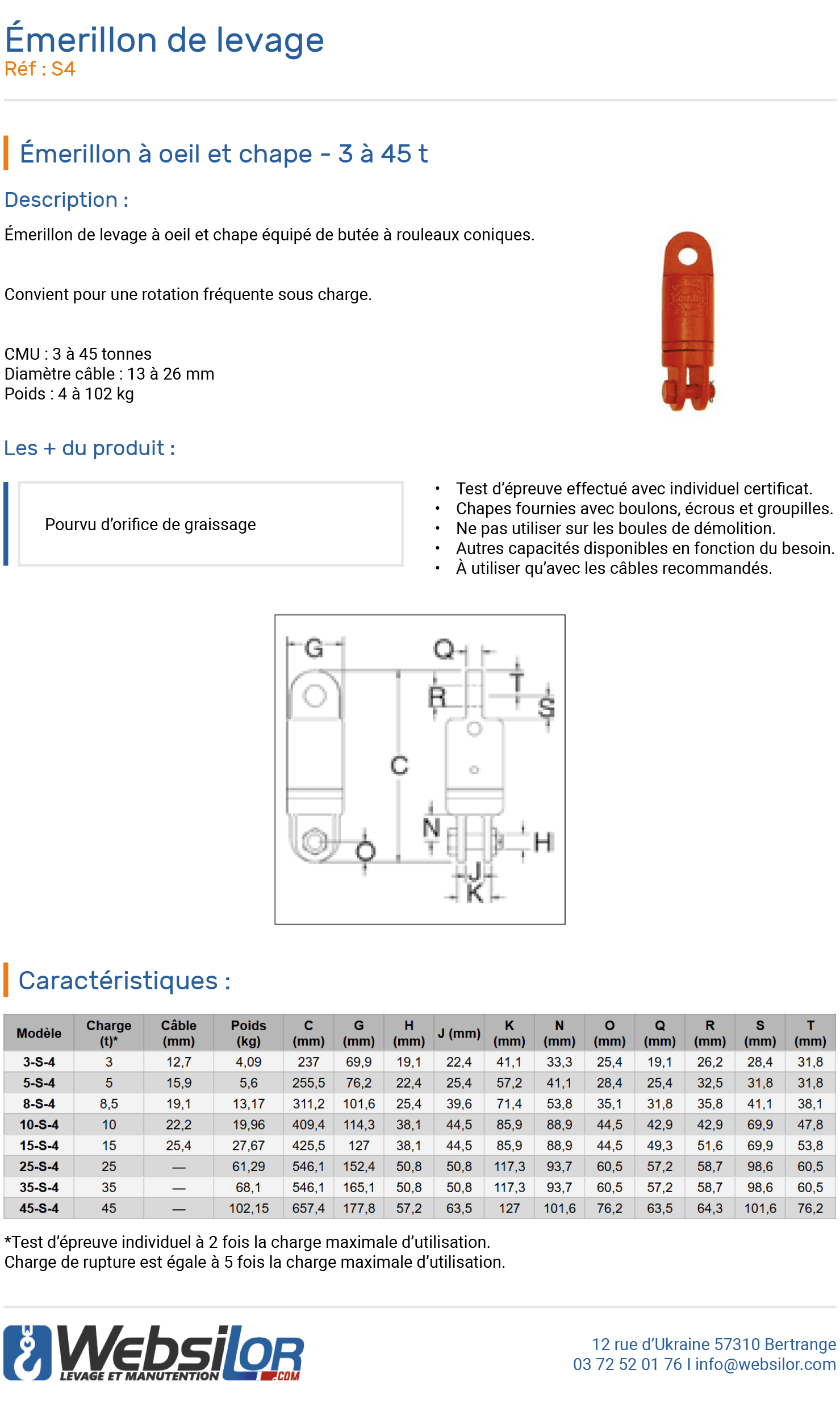 Informations technique de Emerillon oeil et chape - 15000 kg