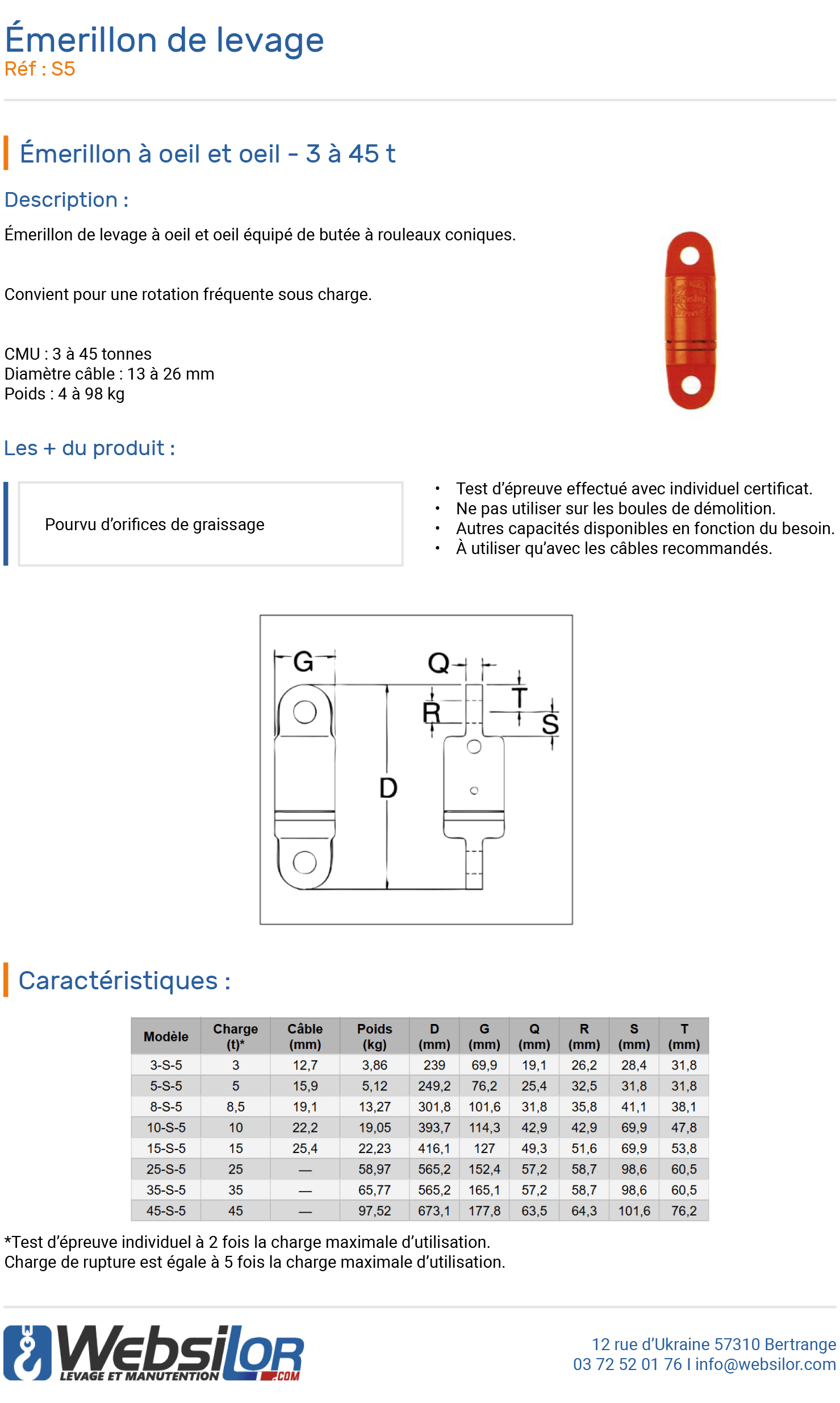 Informations technique de Emerillon oeil et oeil - 10000 kg