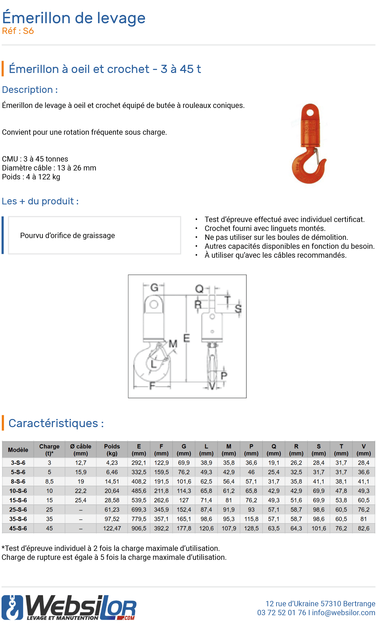 Informations technique de Emerillon oeil et crochet - 3000 kg