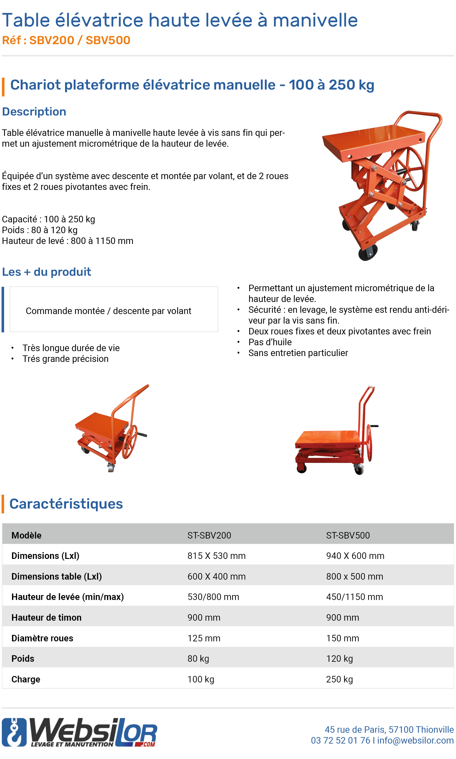 Informations techniques Table élévatrice manuelle à manivelle haute levée à vis sans fin 100 à 250 kg