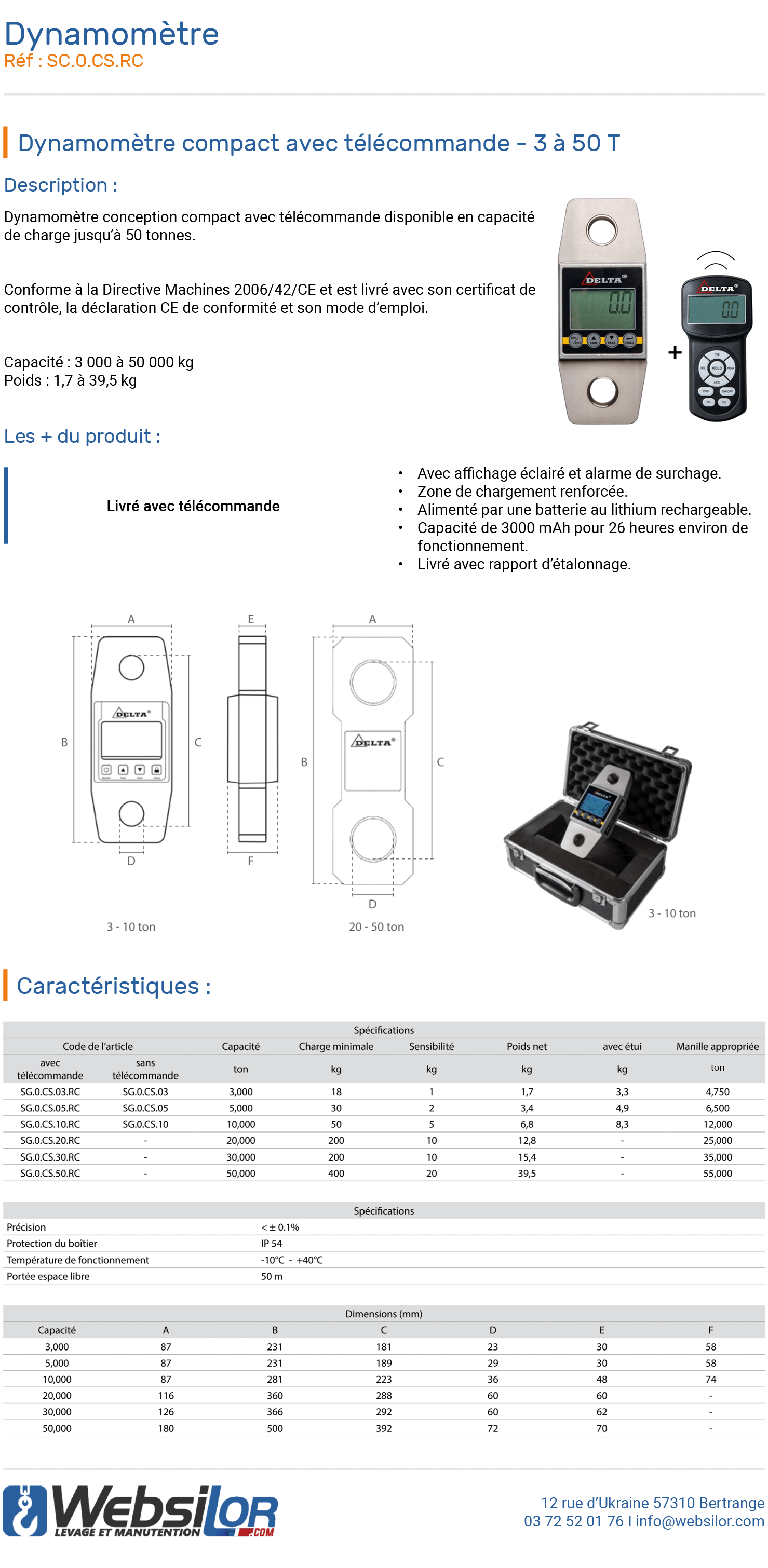 Informations techniques Dynamom&egrave;tre &eacute;conomique avec t&eacute;l&eacute;commande - 3 &agrave; 50 T