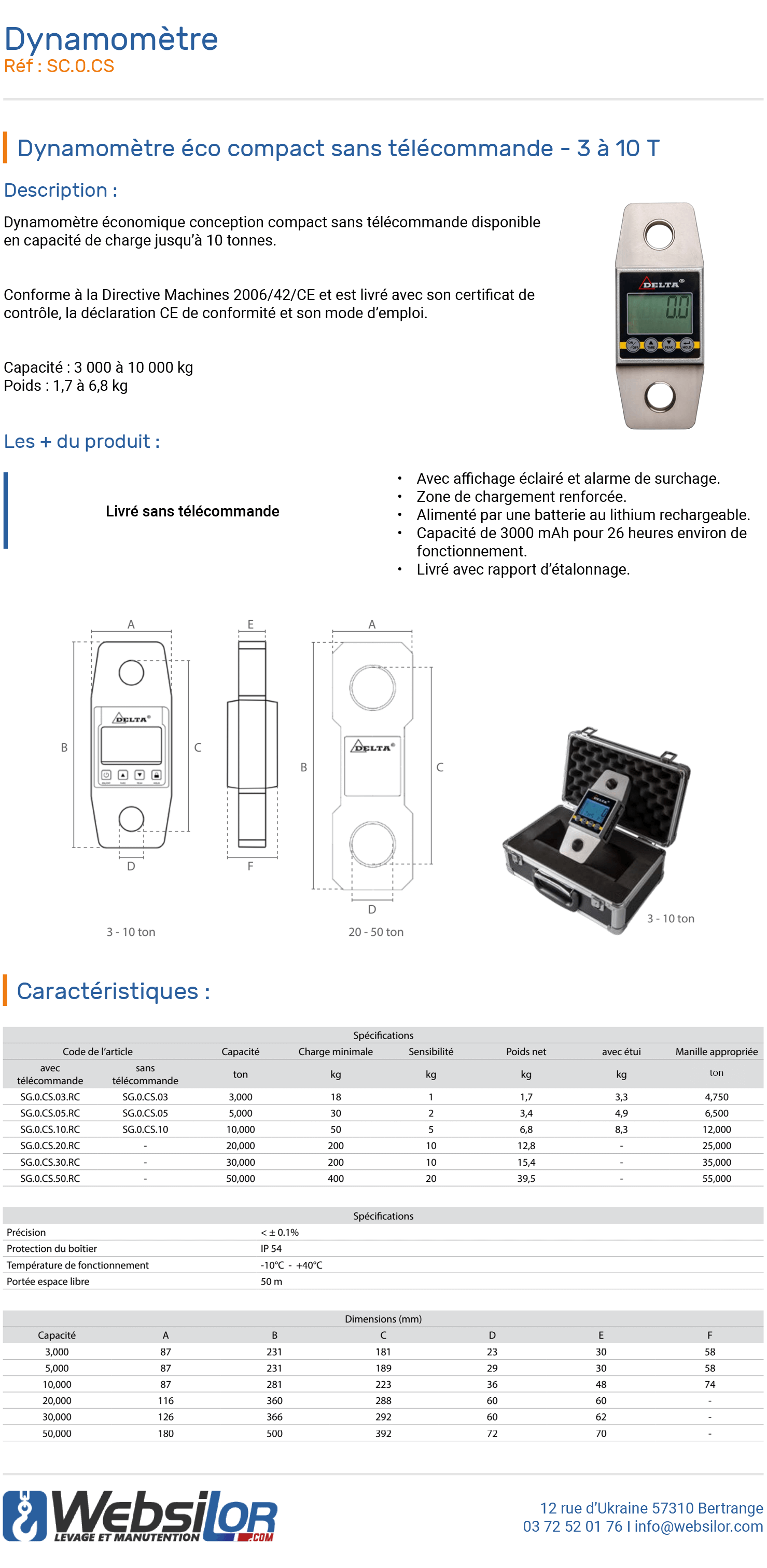 Informations techniques Dynamom&egrave;tre &eacute;conomique sans t&eacute;l&eacute;commande - 3 &agrave; 10 T