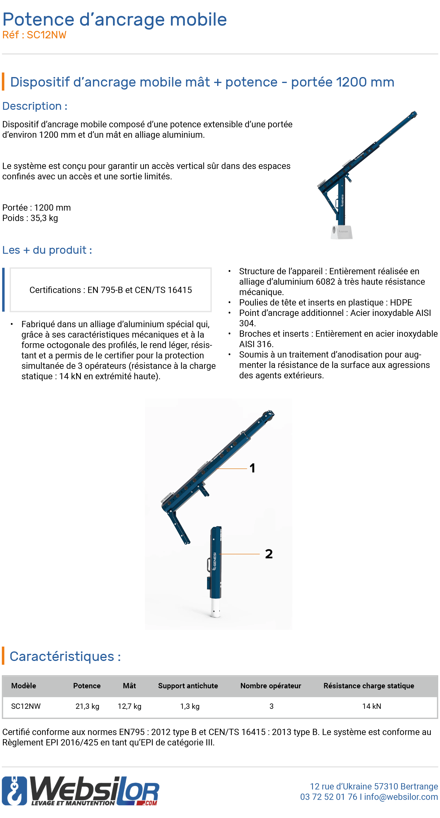 Informations techniques Potence d'ancrage mobile portée 1200 mm