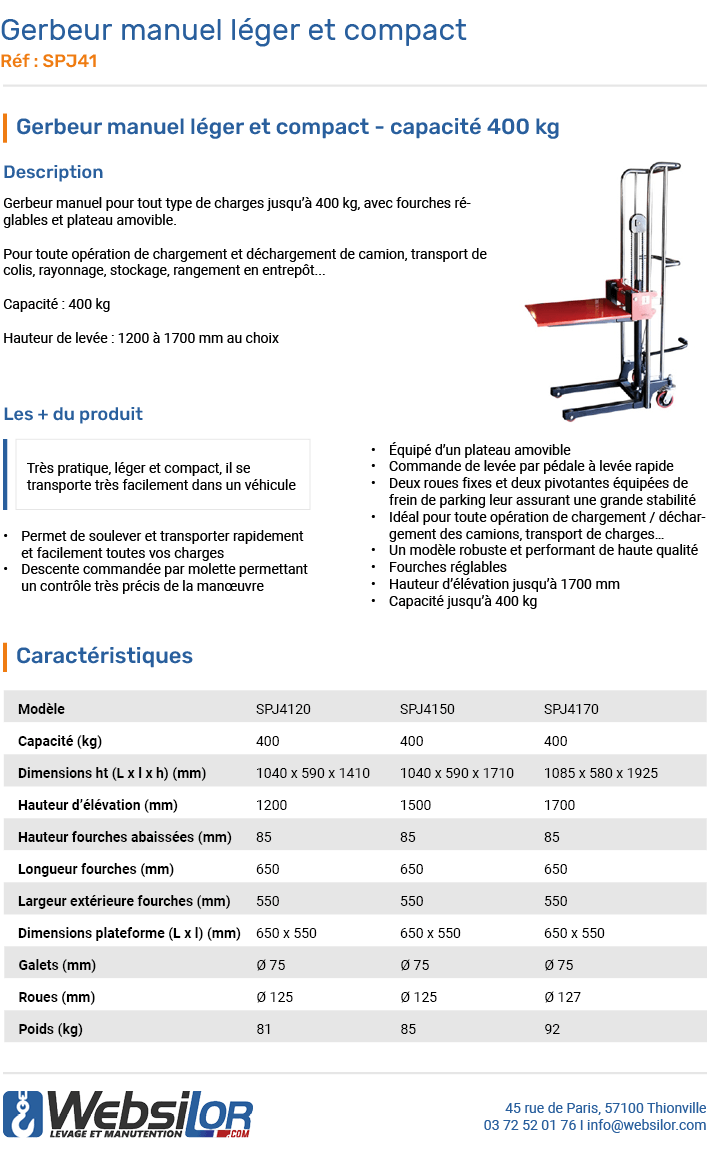 Informations techniques Gerbeur manuel plateau amovible pour petites palettes 400 kg