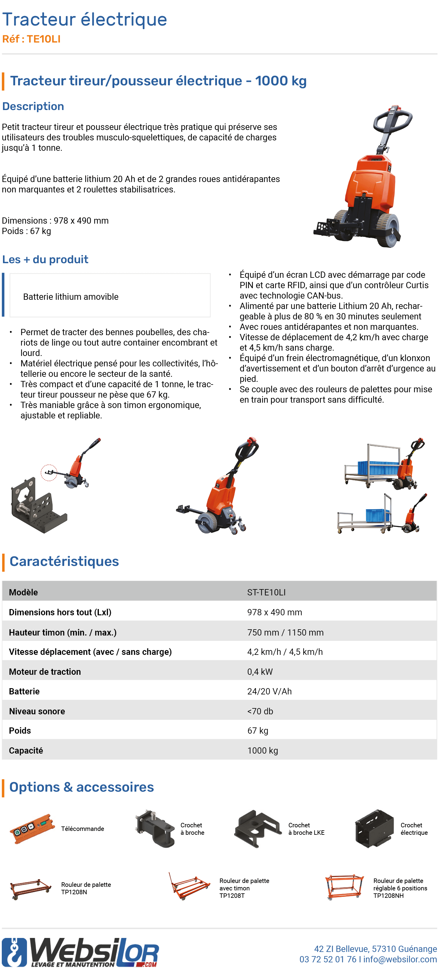 Informations techniques Tracteur tireur pousseur électrique 1000 kg