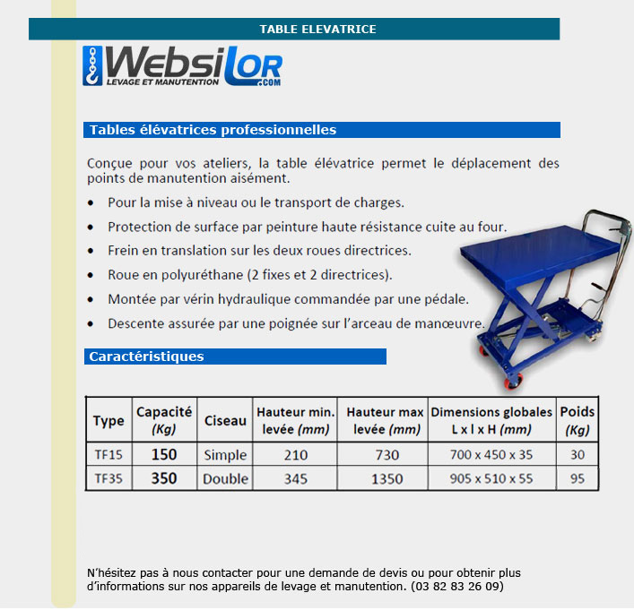 Informations techniques Table élévatrice manuelle standard économique bleue simple et double ciseaux 150 à 350 kg
