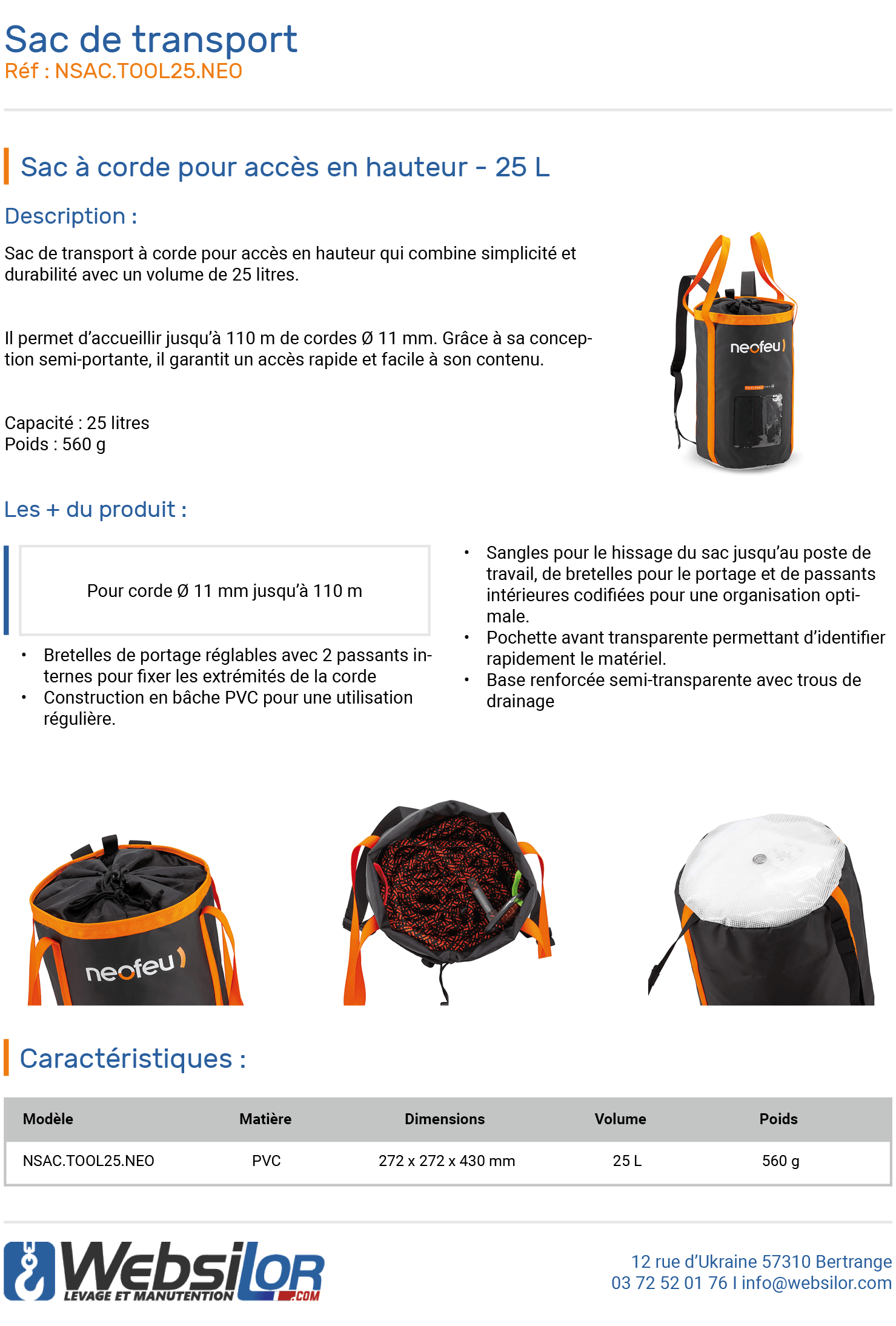 Informations technique de Sac de transport de corde - 25 L