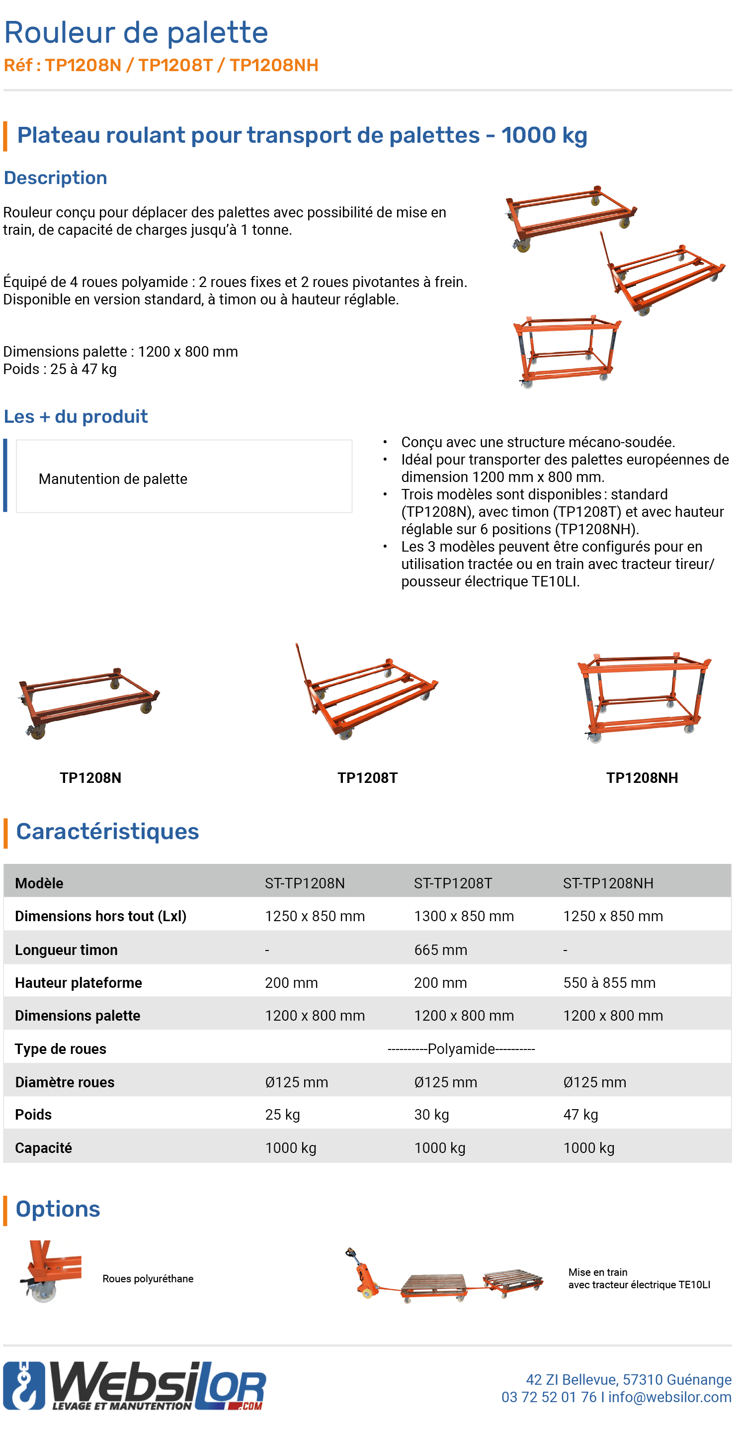 Informations technique de Rouleur de palette réglable 6 positions 1000 kg