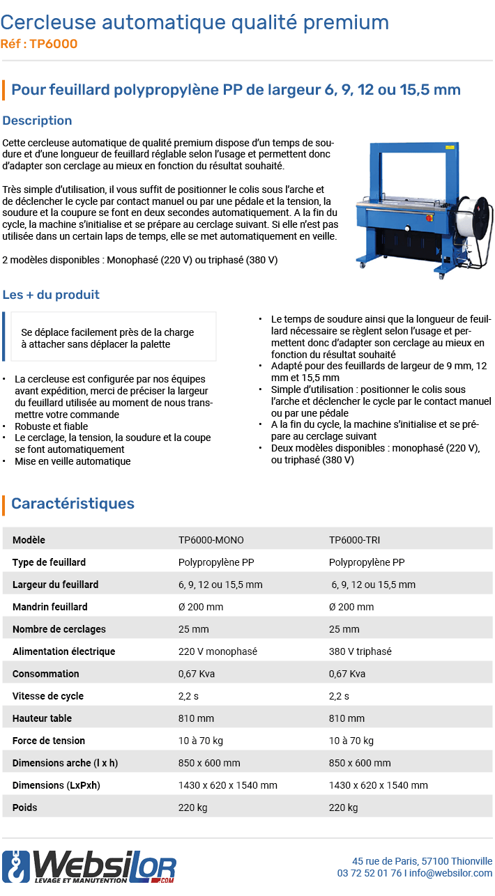 Informations technique de Cercleuse automatique premium pour feuillards polypropylène PP - monophasé ou triphasé