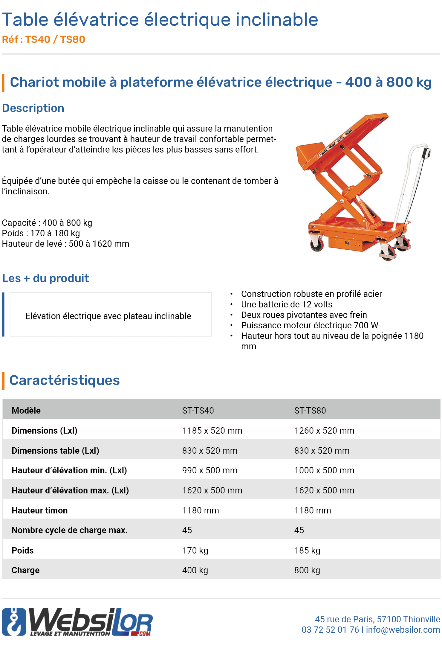 Informations techniques Table élévatrice mobile électrique inclinable 400 à 800 kg