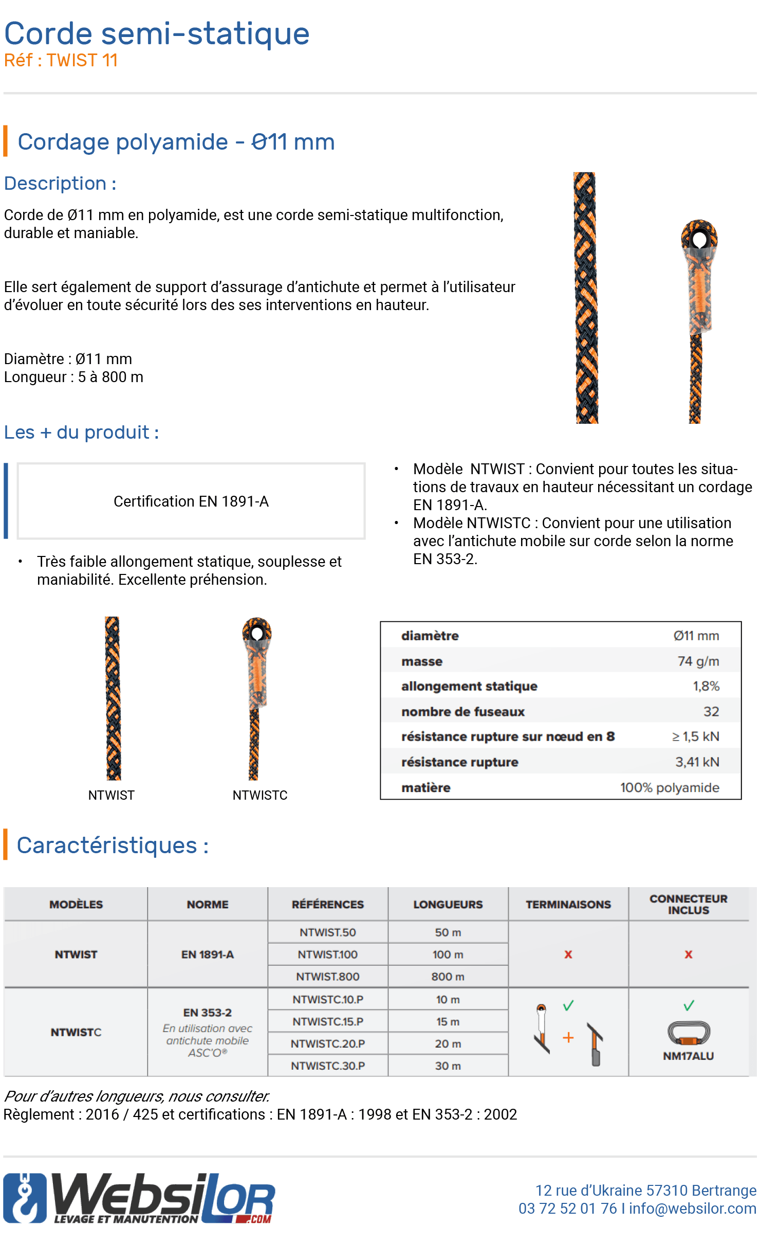 Informations technique de Corde semi statique en polyamide pour antichute Ø11 mm