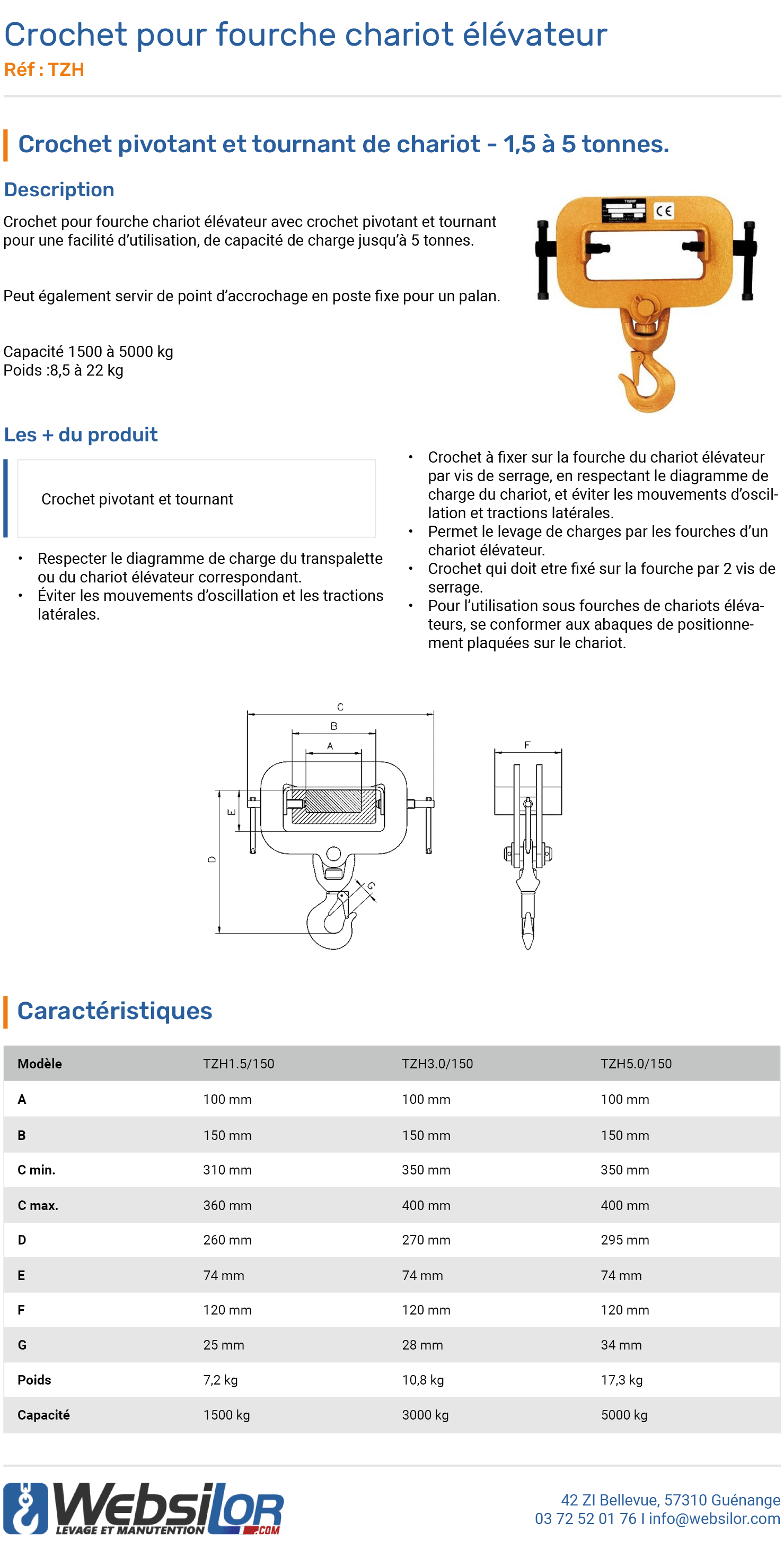 Informations techniques Crochet pour fourche chariot élévateur 1500 à 5000 kg