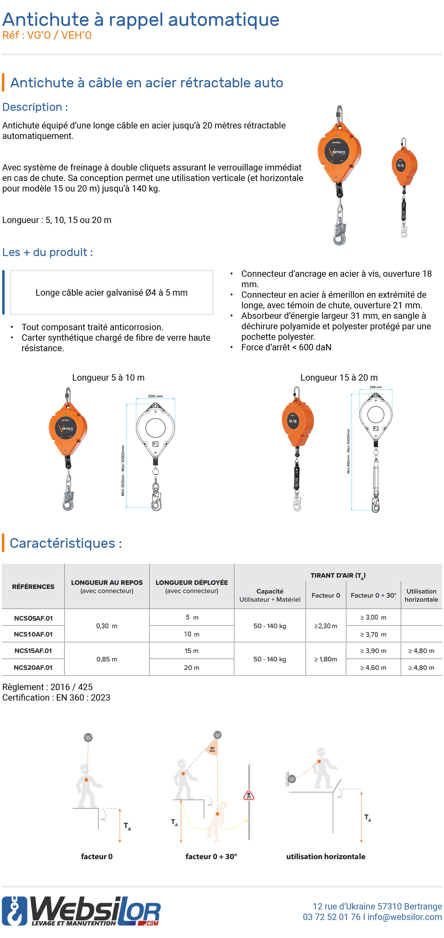 Informations techniques Antichute à rappel automatique à câble avec carter - 5m à 20m au choix