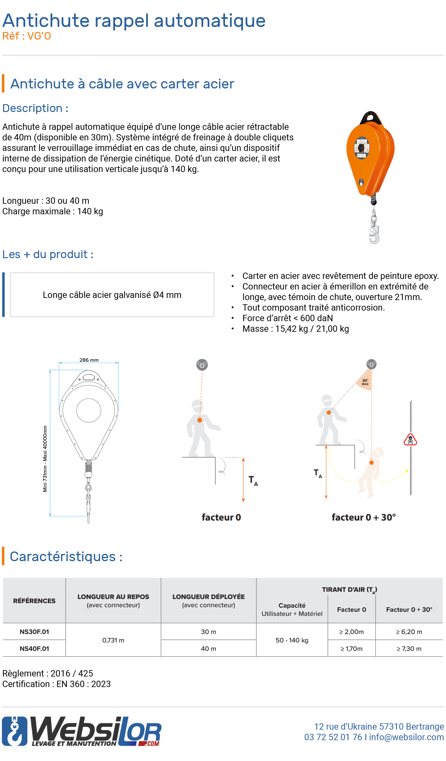 Informations technique de Antichute à rappel automatique à câble avec carter - 30 m ou 40 m