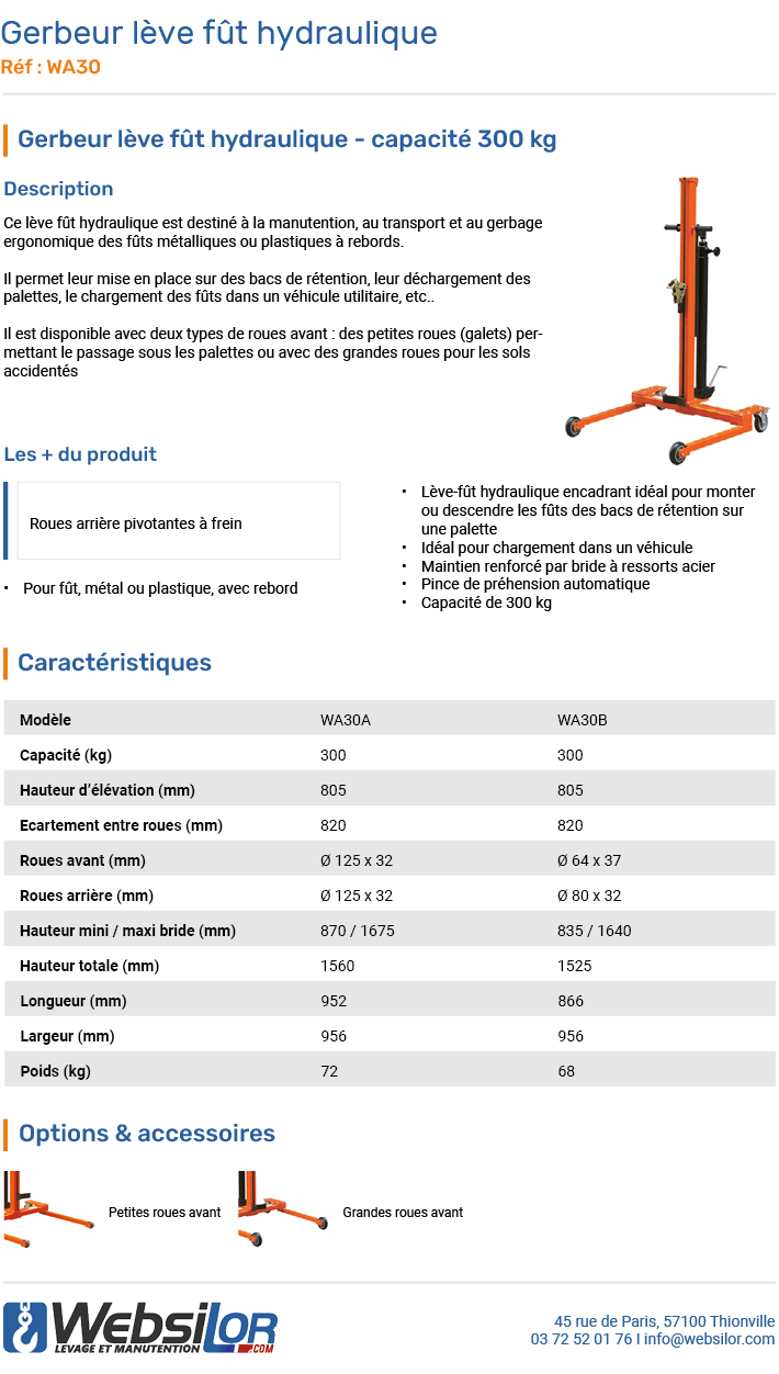 Informations techniques Lève fût hydraulique encadrant 300 kg