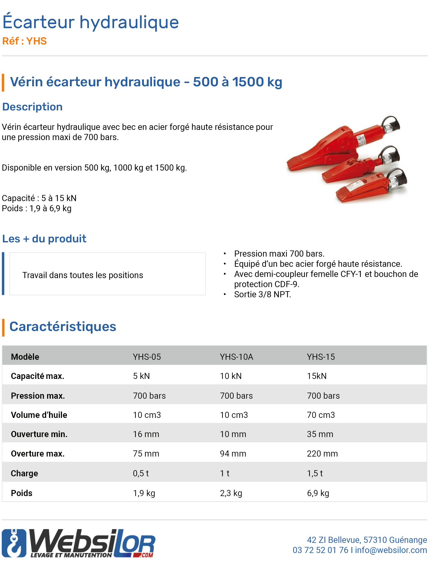 Informations techniques Ecarteur hydraulique 0,5 tonne