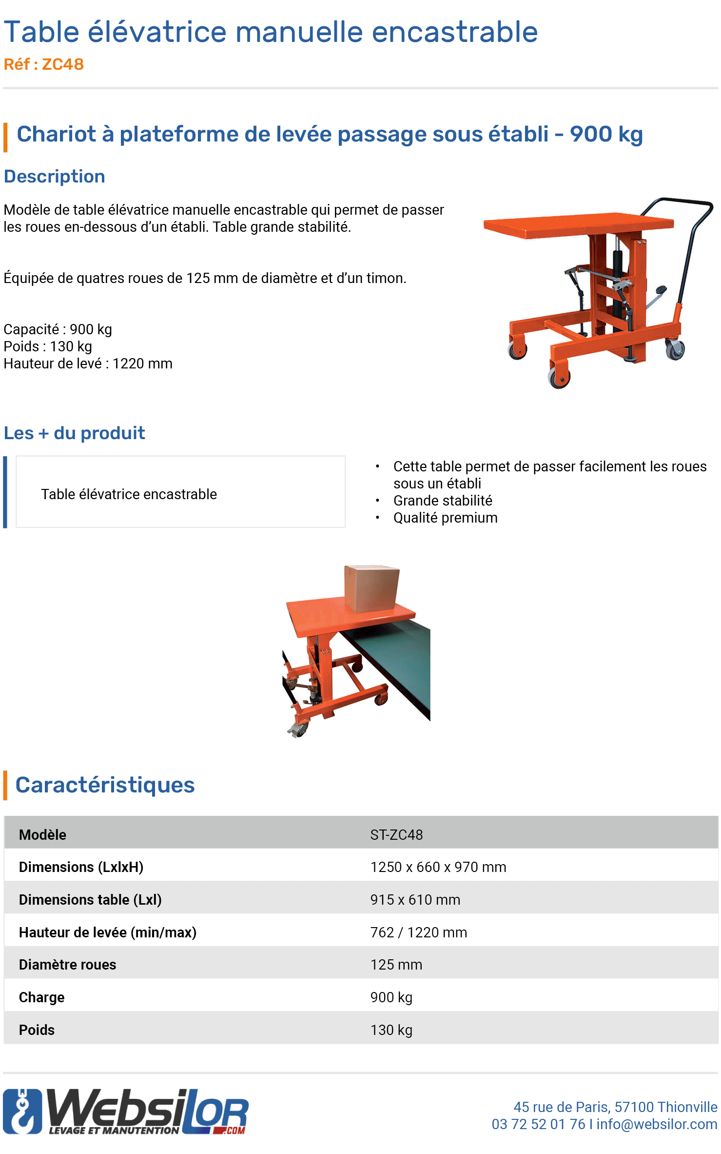 Informations techniques Table élévatrice manuelle encastrable 900 kg