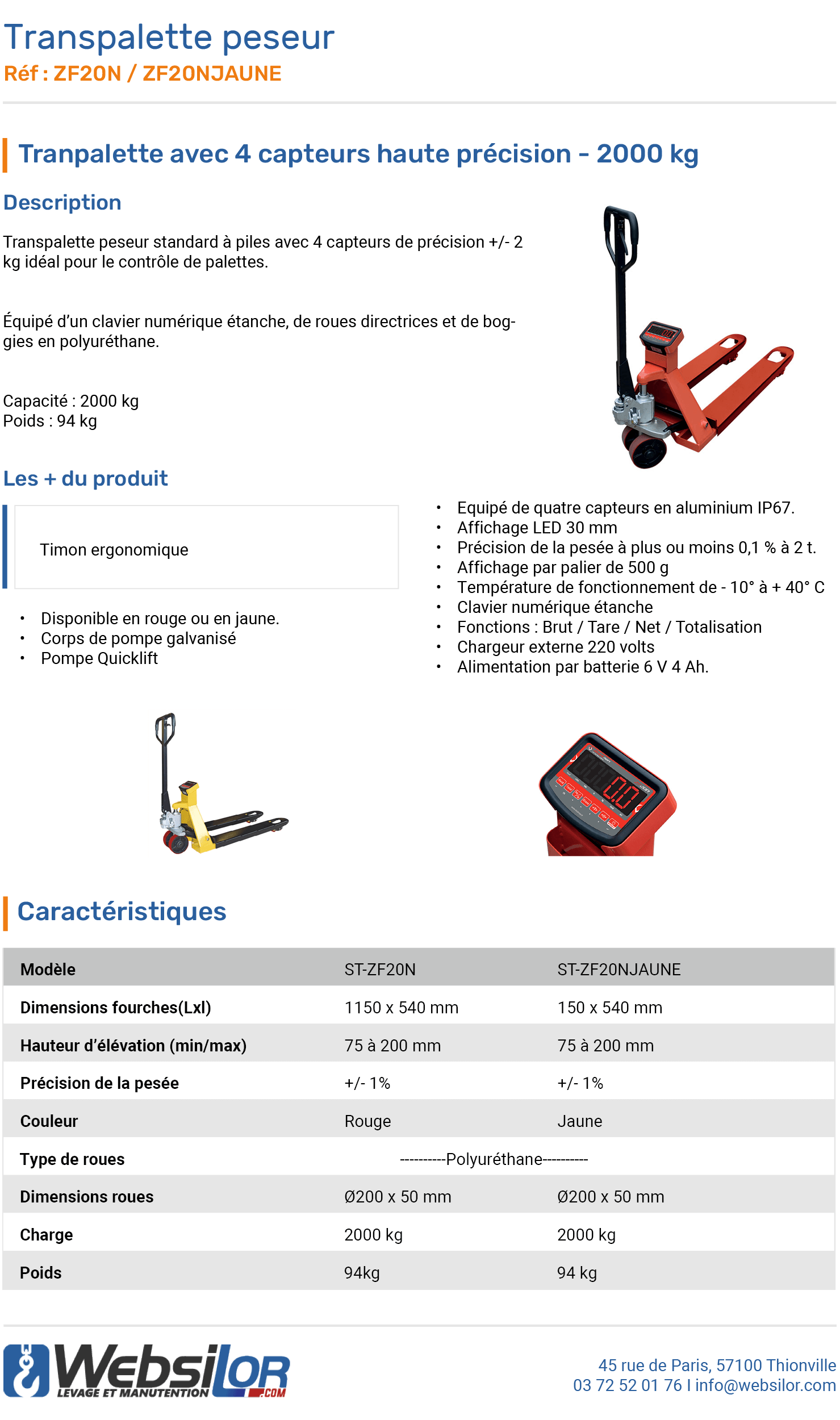 Informations techniques Transpalette peseur standard 2000 kg