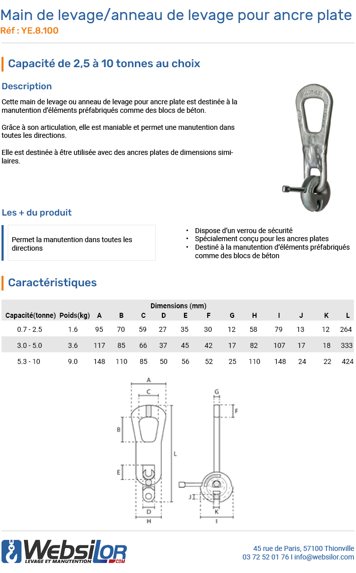Informations techniques Main de levage / anneau de levage pour ancre - 2,5 à 10 tonnes