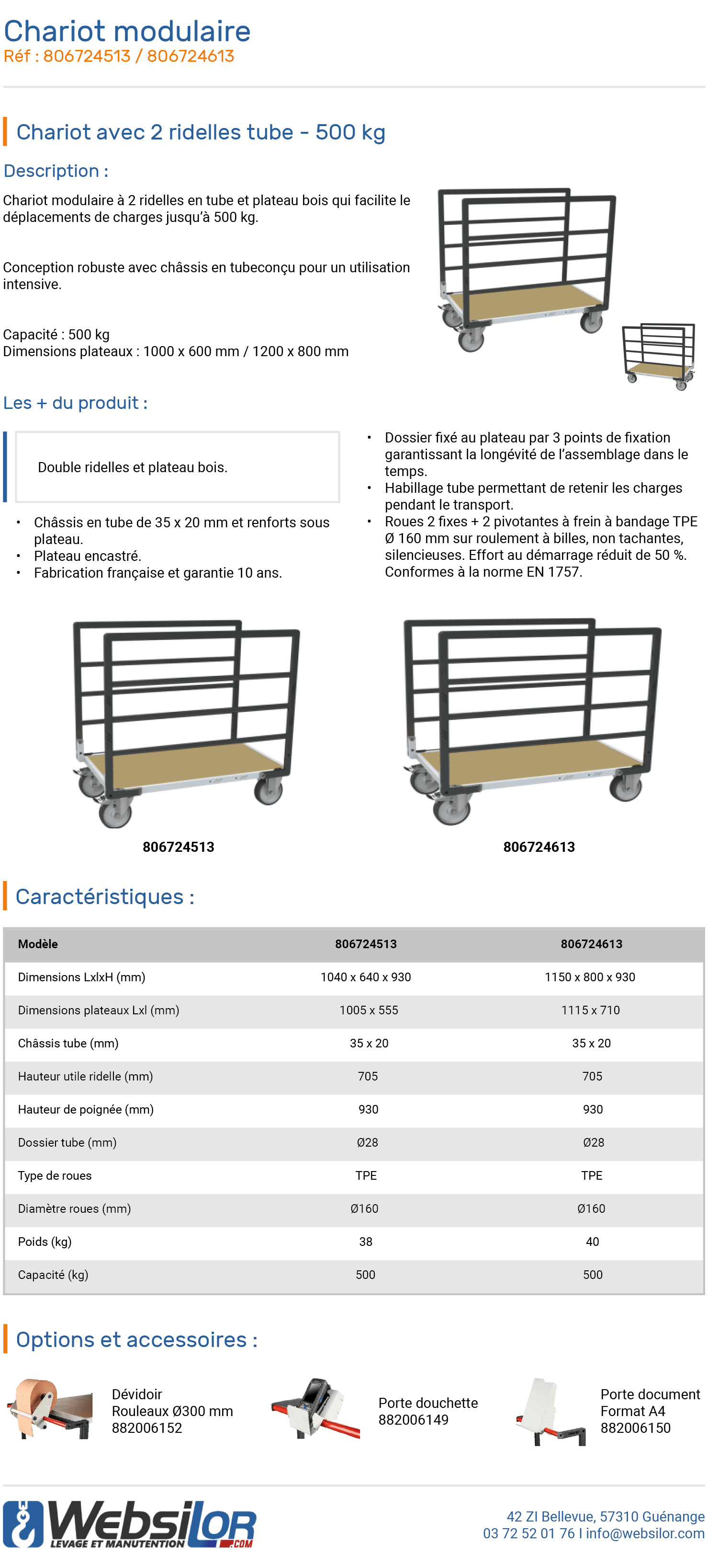 Informations technique de Chariot pour charges longues - 500 kg
