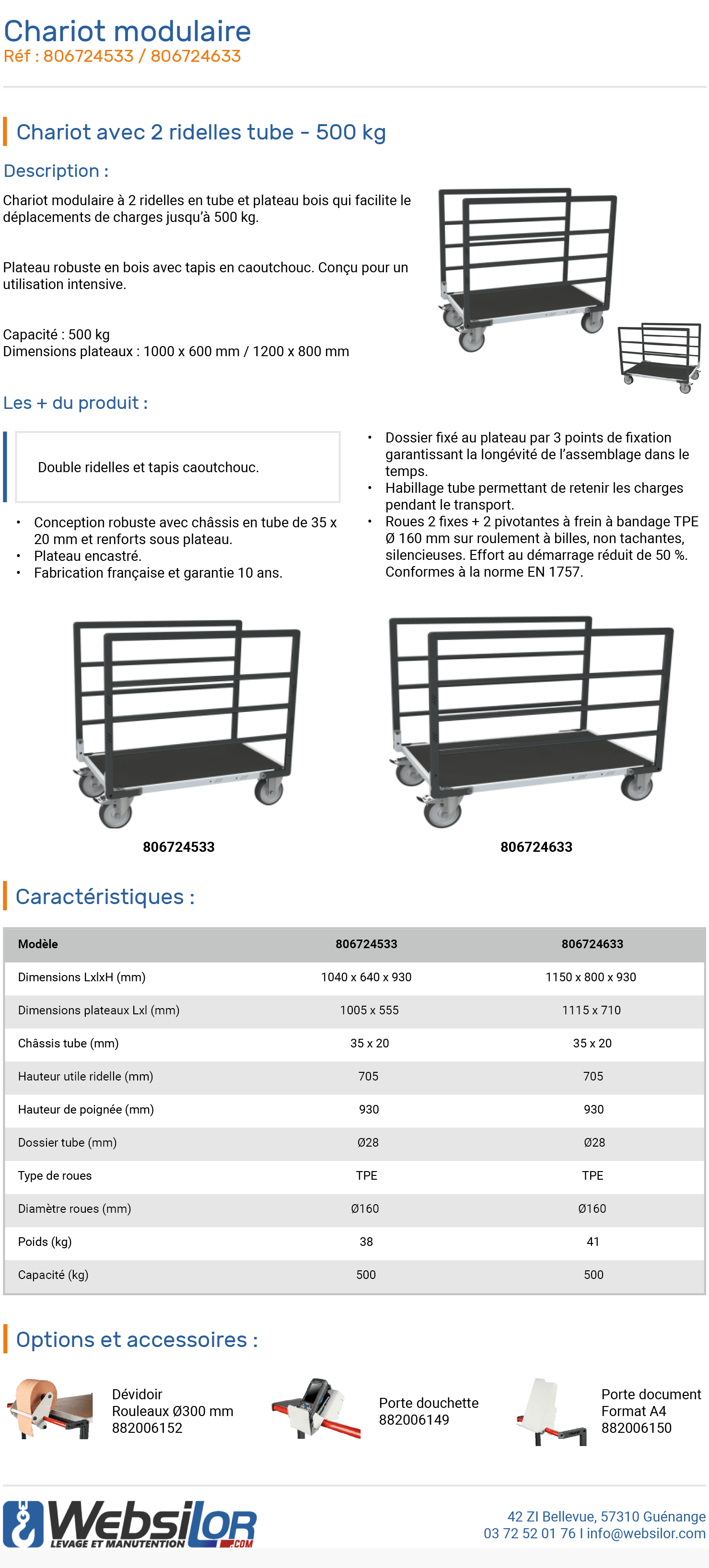 Informations technique de Chariot avec 2 ridelles tube et tapis caoutchouc - 500 kg