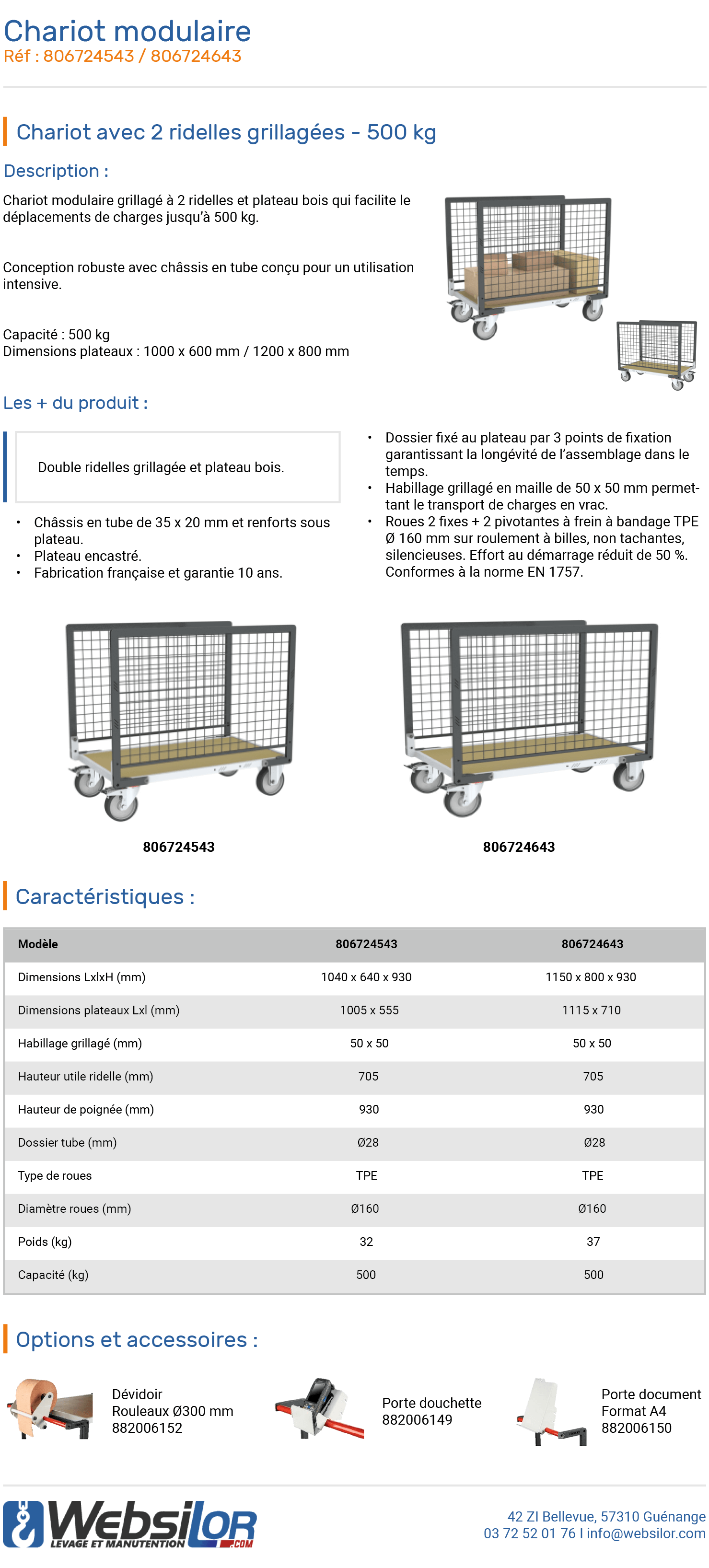 Informations techniques Chariot pour charges longues - 500 kg