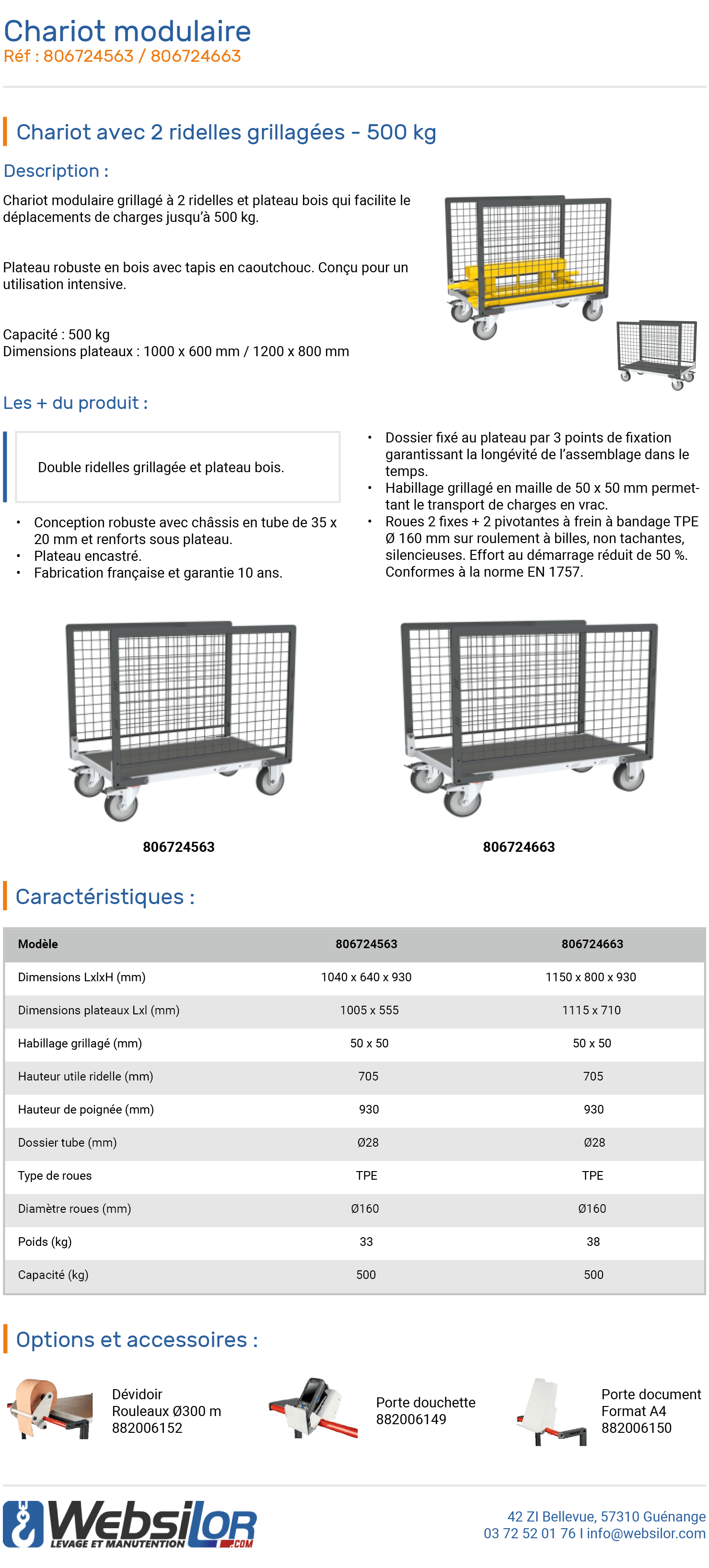 Informations techniques Chariot avec 2 ridelles grillagées et tapis caoutchouc - 500 kg