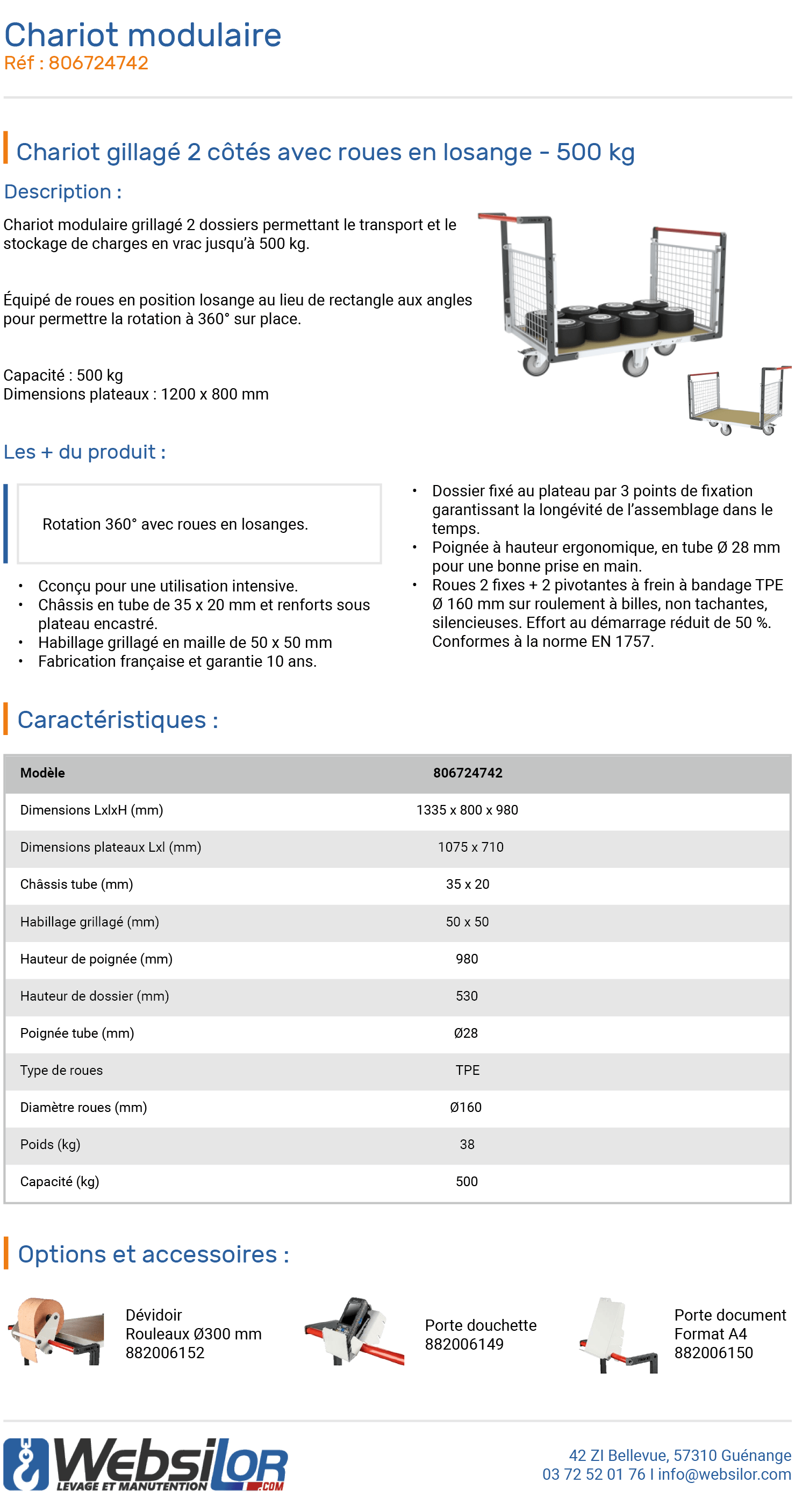 Informations techniques Chariot modulaire roues triangles et dossiers - 500 kg 