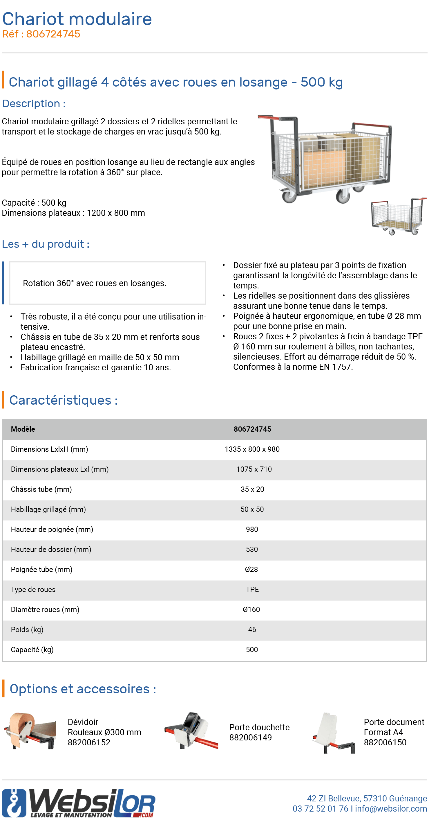 Informations techniques Chariot modulaire dossiers et ridelles - 500 kg 