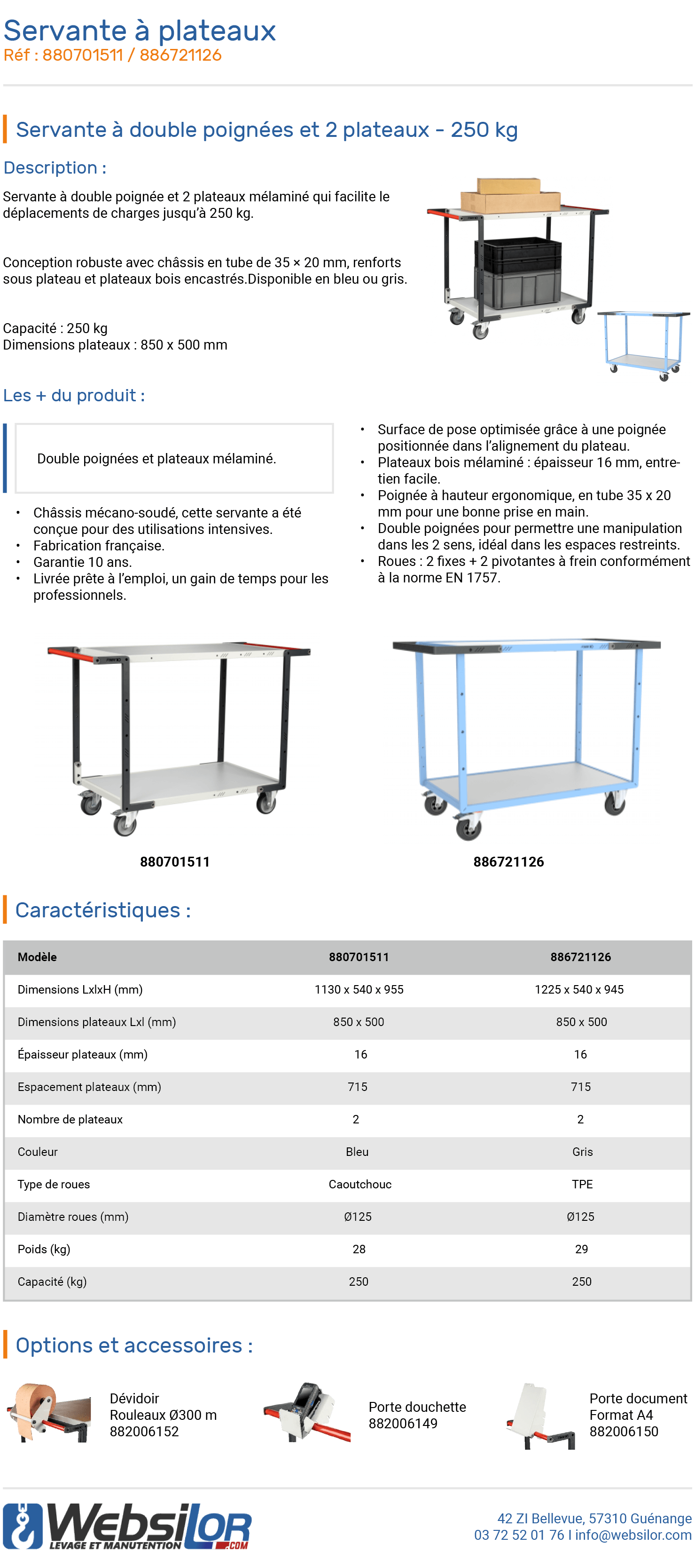 Informations technique de Servante à double poignées et 2 plateaux - 250 kg