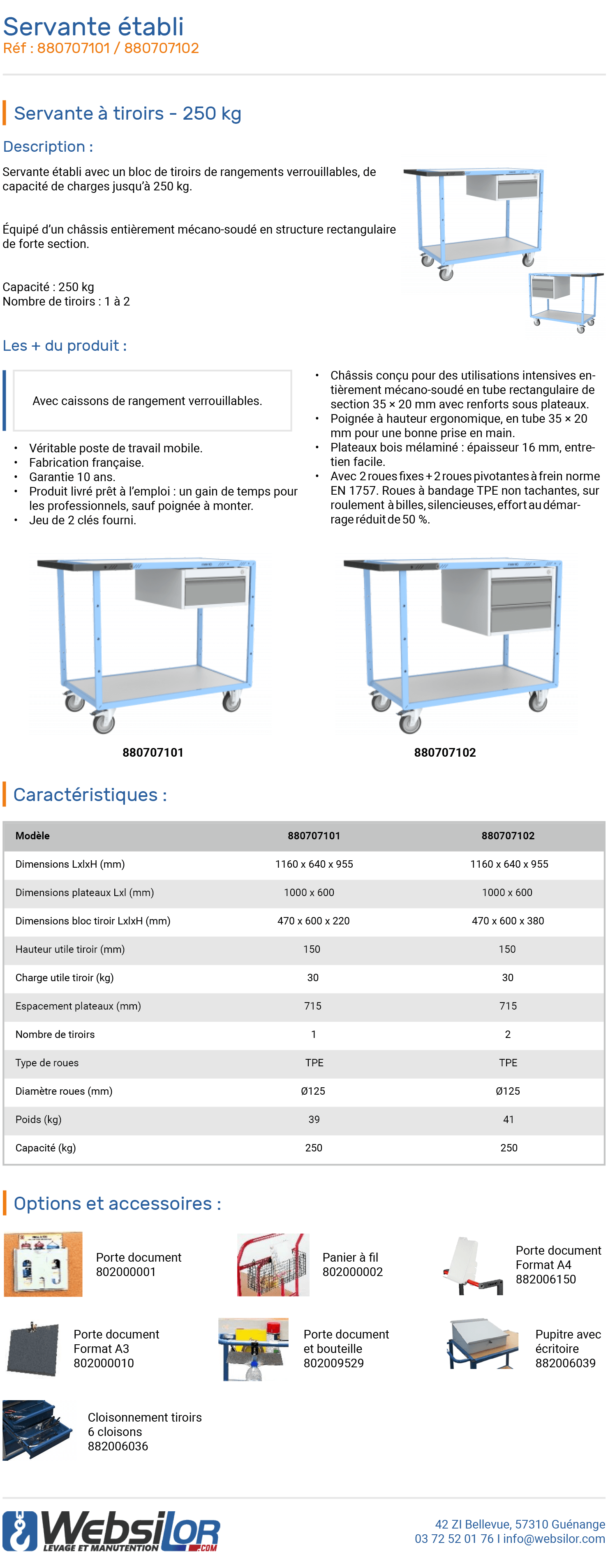 Informations techniques Servante établi à 1 tiroir - 250 kg