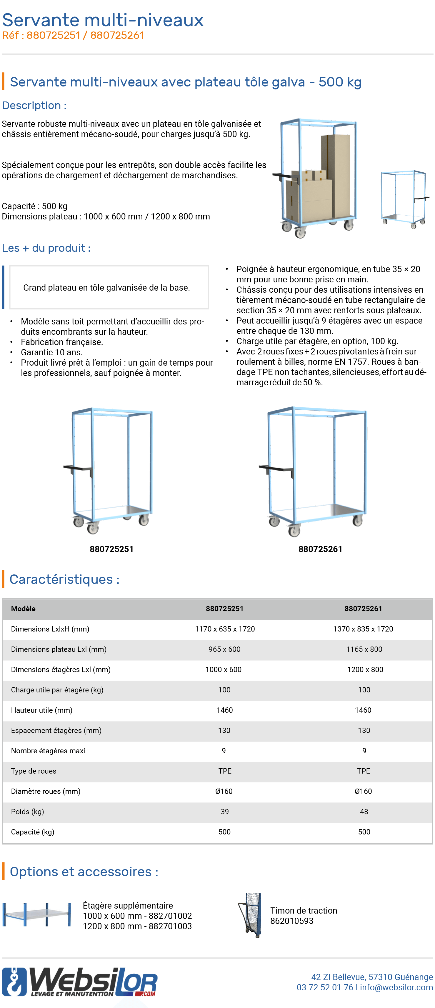 Informations technique de Servante multi niveaux plateau galva - 500 kg