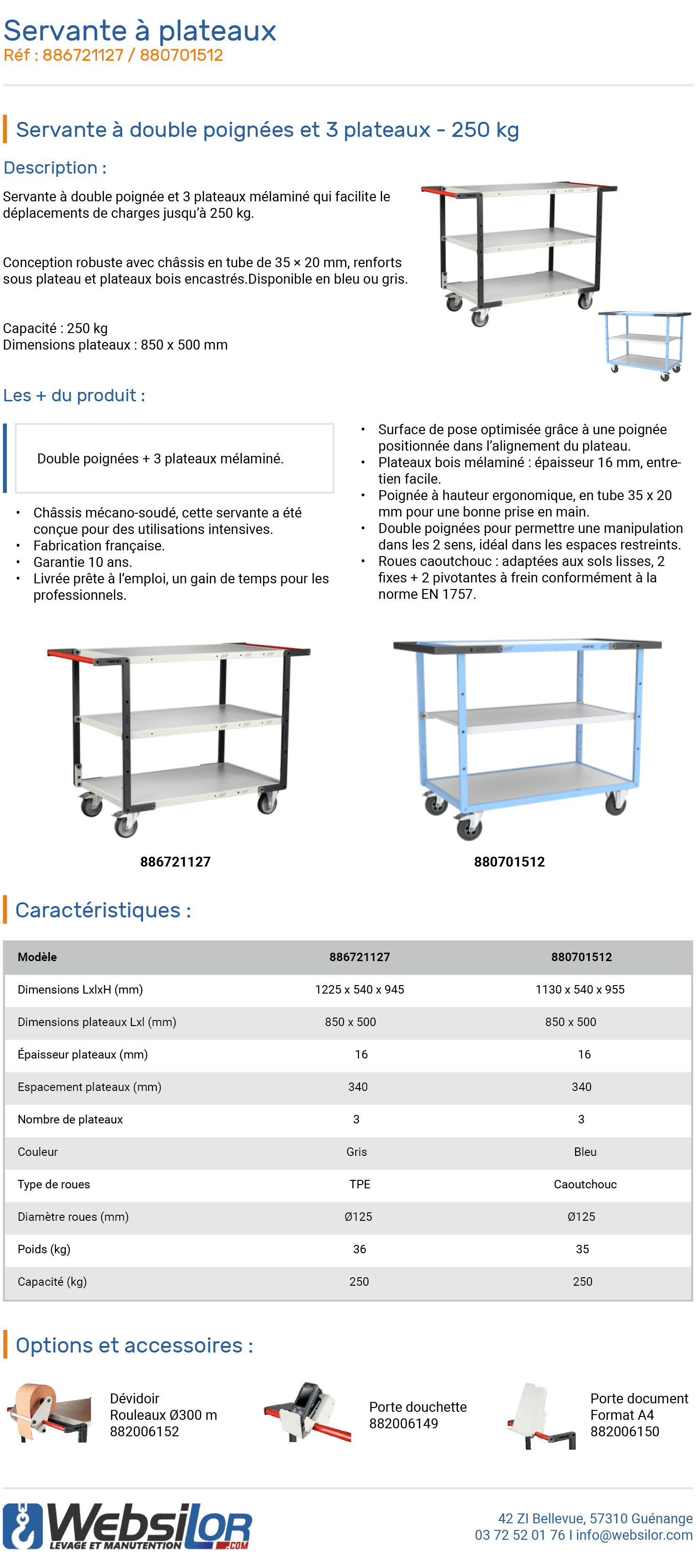Informations technique de Servante à double poignée et 3 plateaux - 250 kg