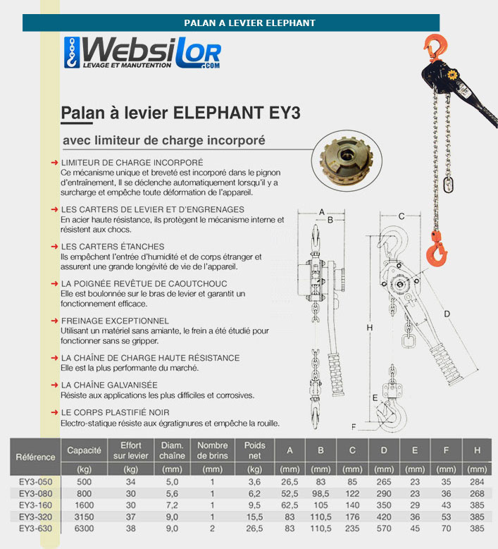 Palan à Levier à Chaîne Elephant Y2-K1010 - Capacité 0,1 Tonne (100 Kg), Neuf, Fabriqué Au Japon