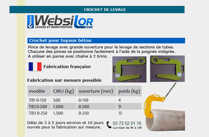 Informations techniques Crochet pour tuyaux beton - 500 à 1500kg