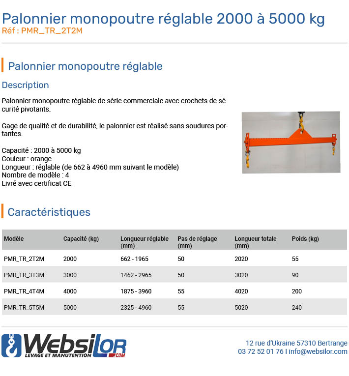 Informations techniques Palonnier monopoutre r&eacute;glable 2000 &agrave; 5000 kg