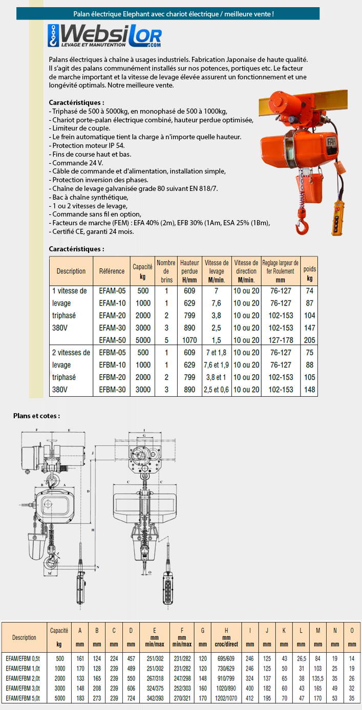 Informations techniques Palan électrique à usage industriel tri avec chariot électrique - 1 ou 2 vitesses - 500 à 5000kg