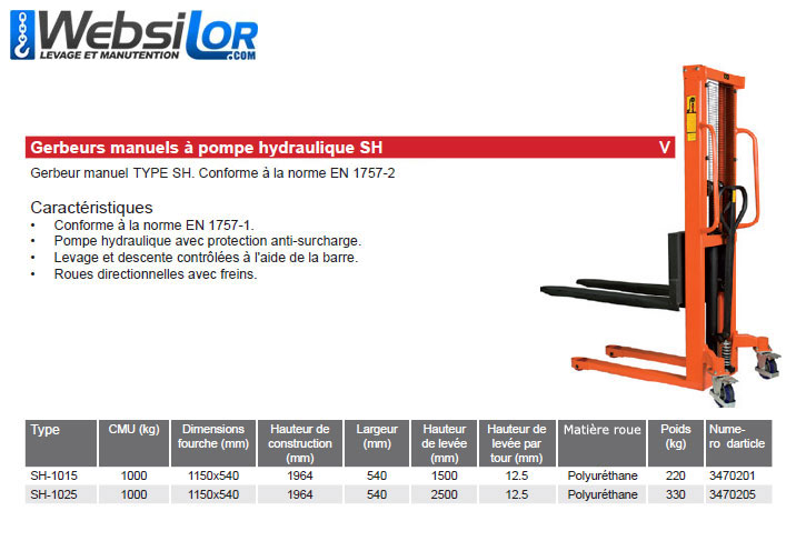 Informations techniques Gerbeur hydraulique - hauteur : 1500 ou 2500 mm