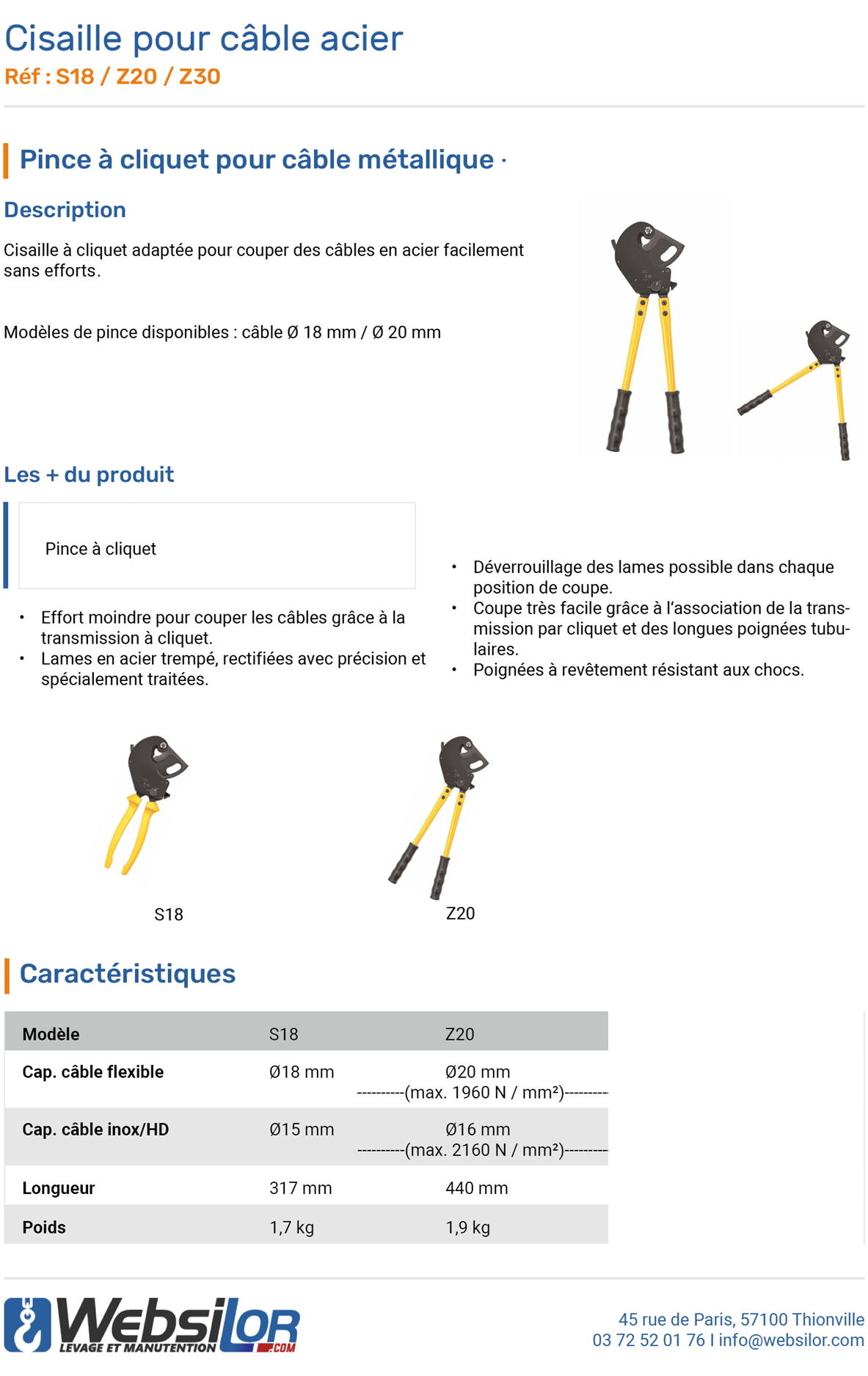 Informations techniques Pince à cliquet pour câble métallique 20 mm