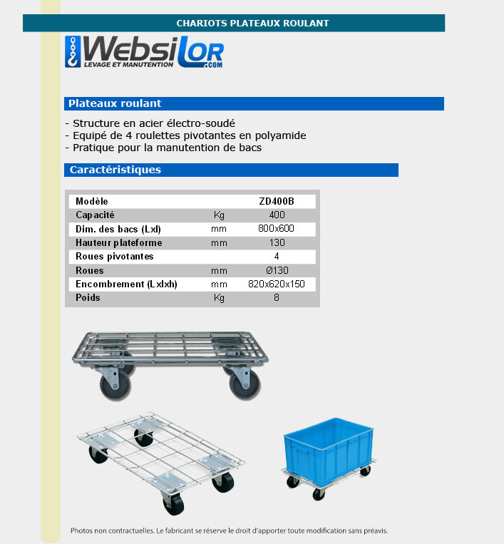 Informations techniques Chariot fil d'acier - 400kg
